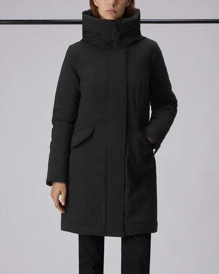 Giaccone Emin Peuterey nero midi in tessuto stretch dal finish opaco con collo in piedi