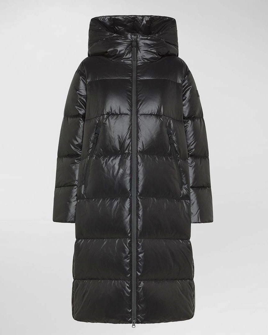 Piumino lungo Selectric Peuterey nero in nylon lucido con cappuccio removibile e imbottitura in piuma