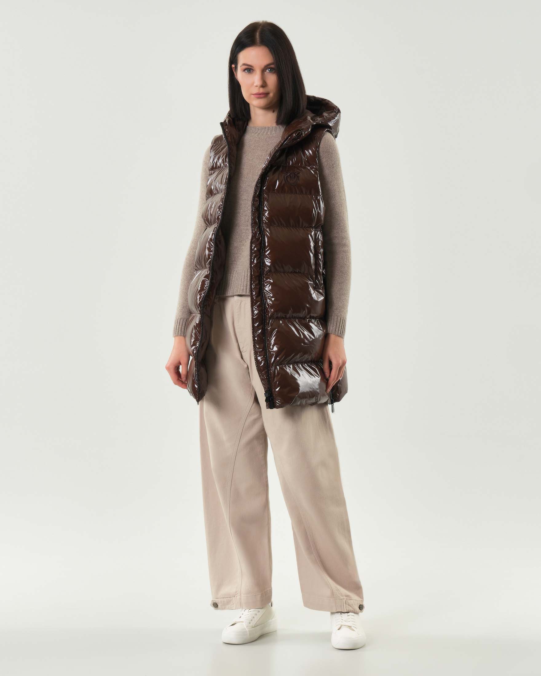 Gilet lungo marrone imbottito Pinko in nylon con cappuccio e spacchi laterali