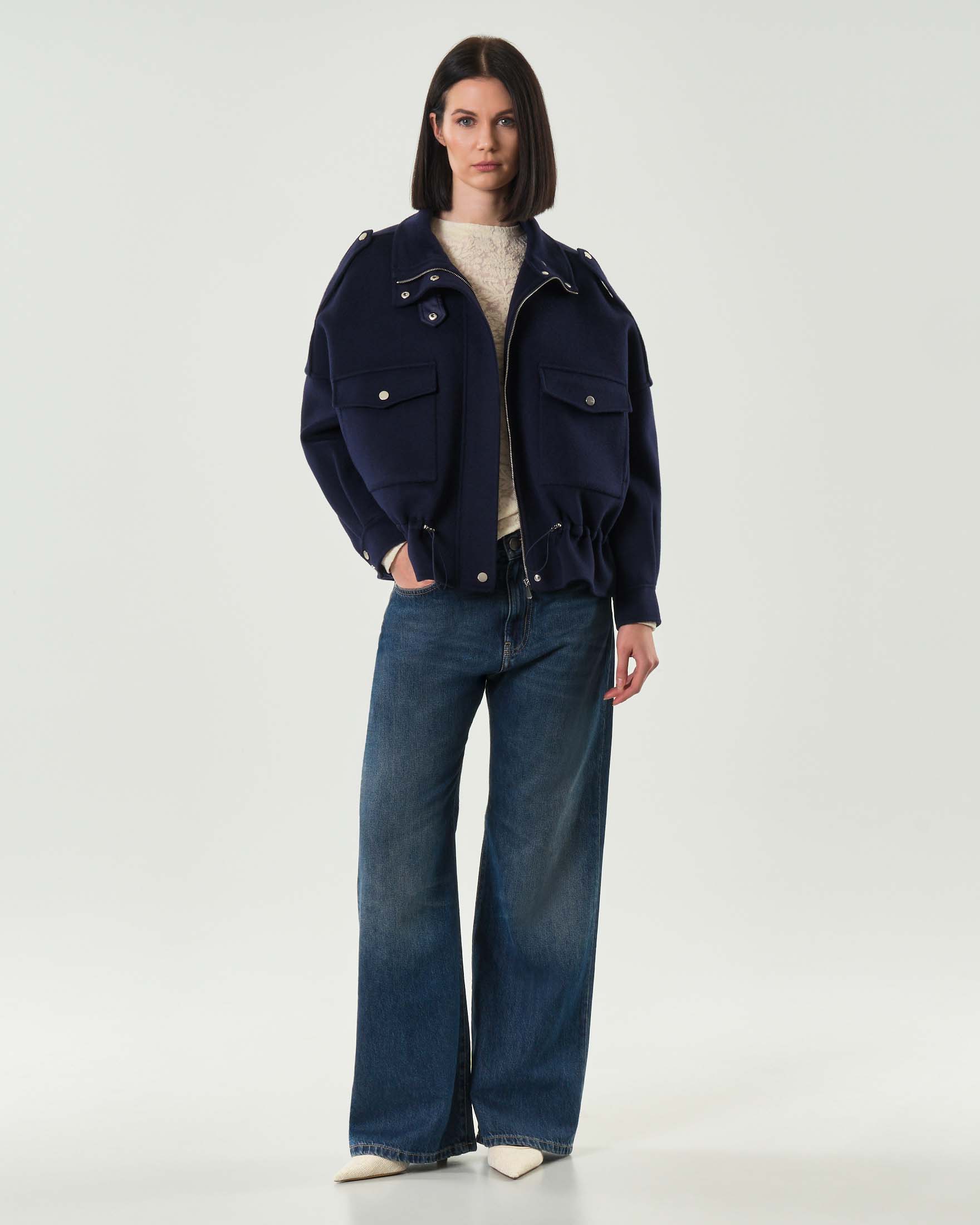 Caban blu Pinko in double di lana con colletto in piedi e coulisse in vita