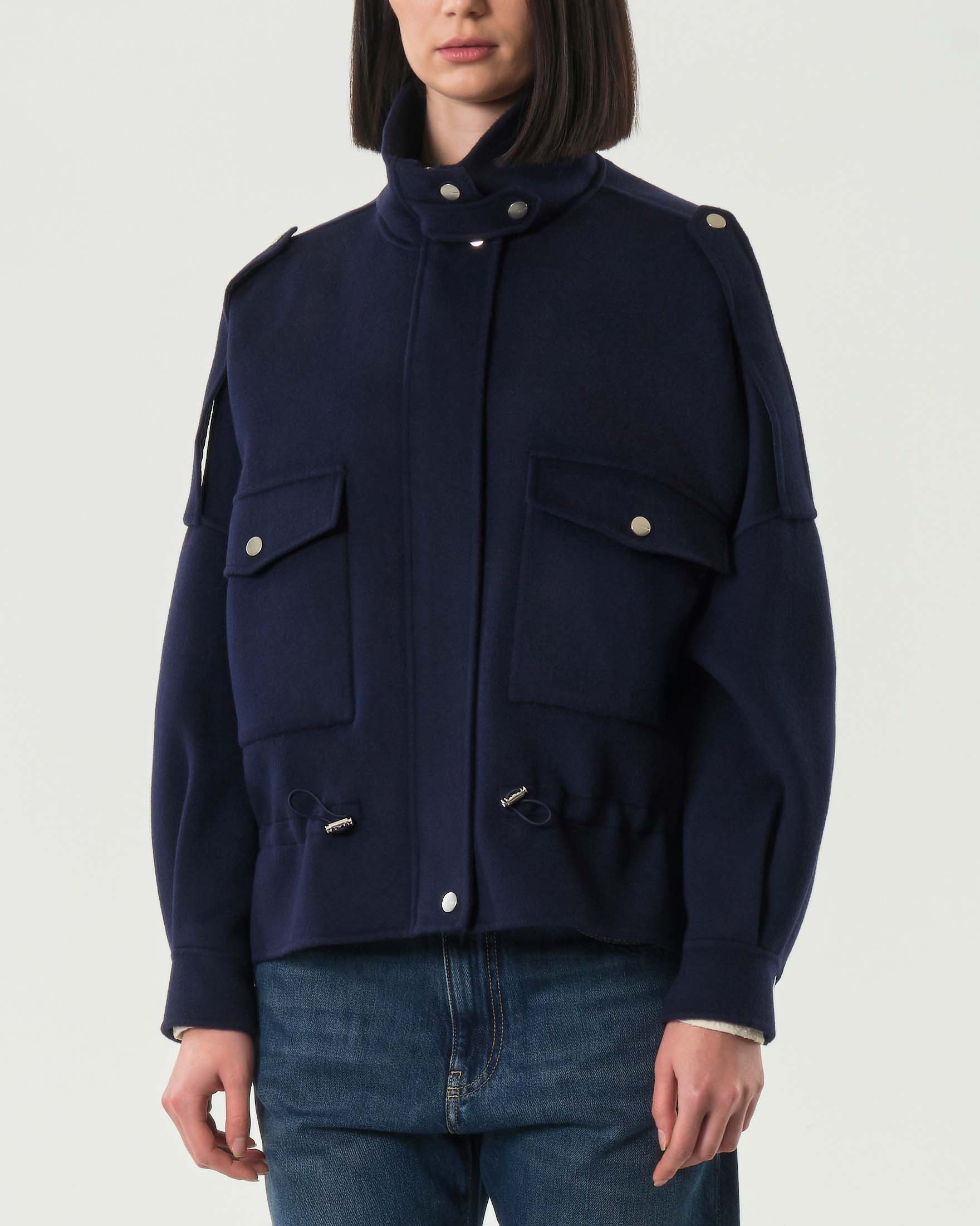 Caban blu Pinko in double di lana con colletto in piedi e coulisse in vita image