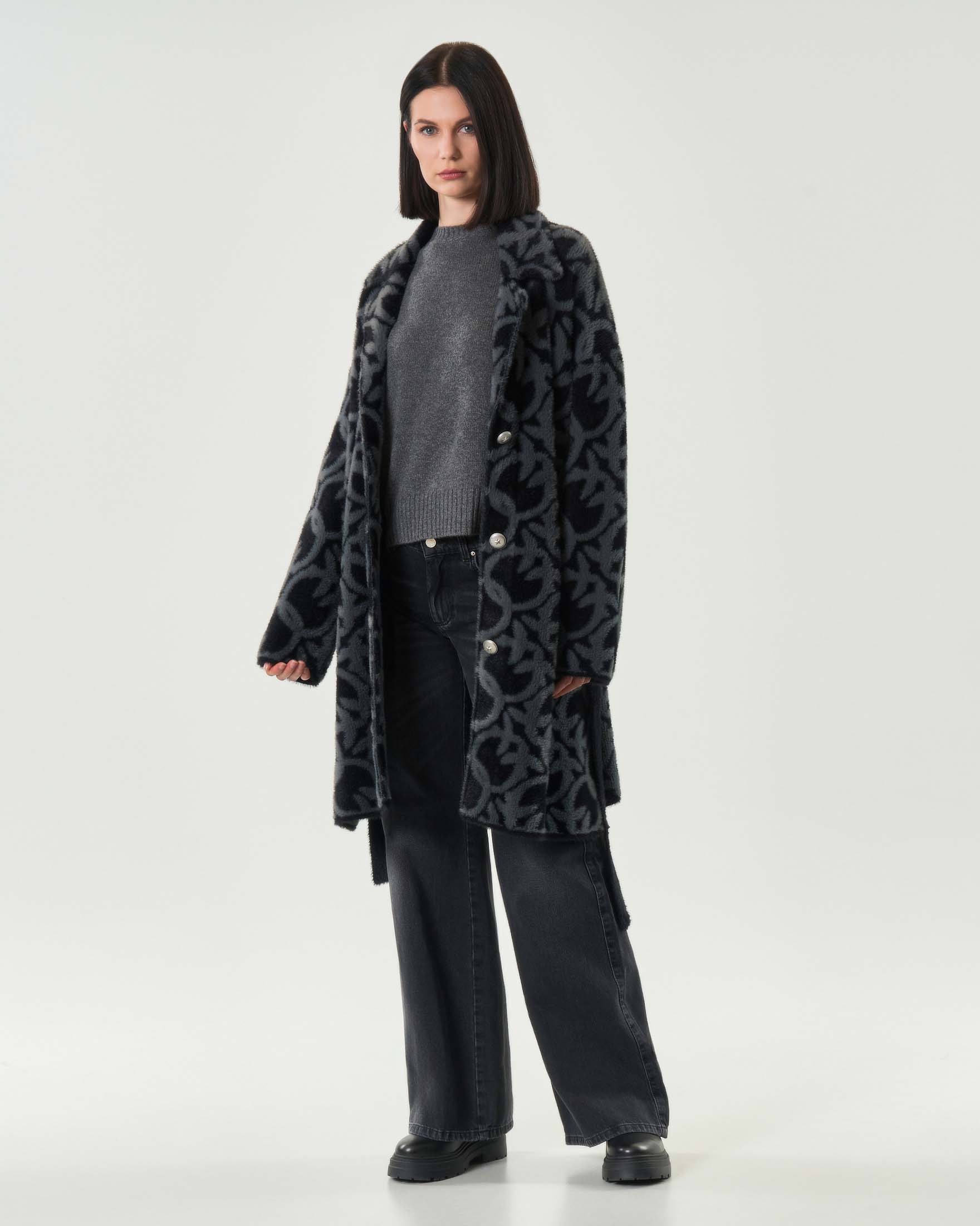 Cappotto midi grigio Pinko effetto Velour Jacquard Logo all over con chiusura a bottoni e cintura