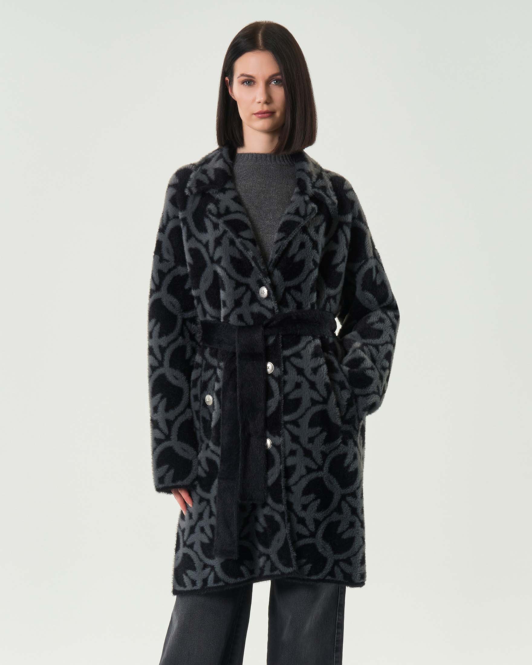 Cappotto midi grigio Pinko effetto Velour Jacquard Logo all over con chiusura a bottoni e cintura image