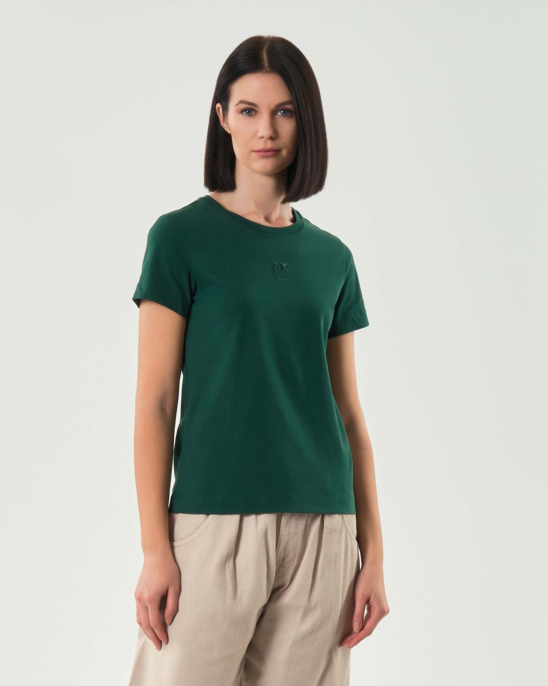 T-shirt Verde in puro cotone Pinko a maniche corte con logo ricamato tono su tono sul petto