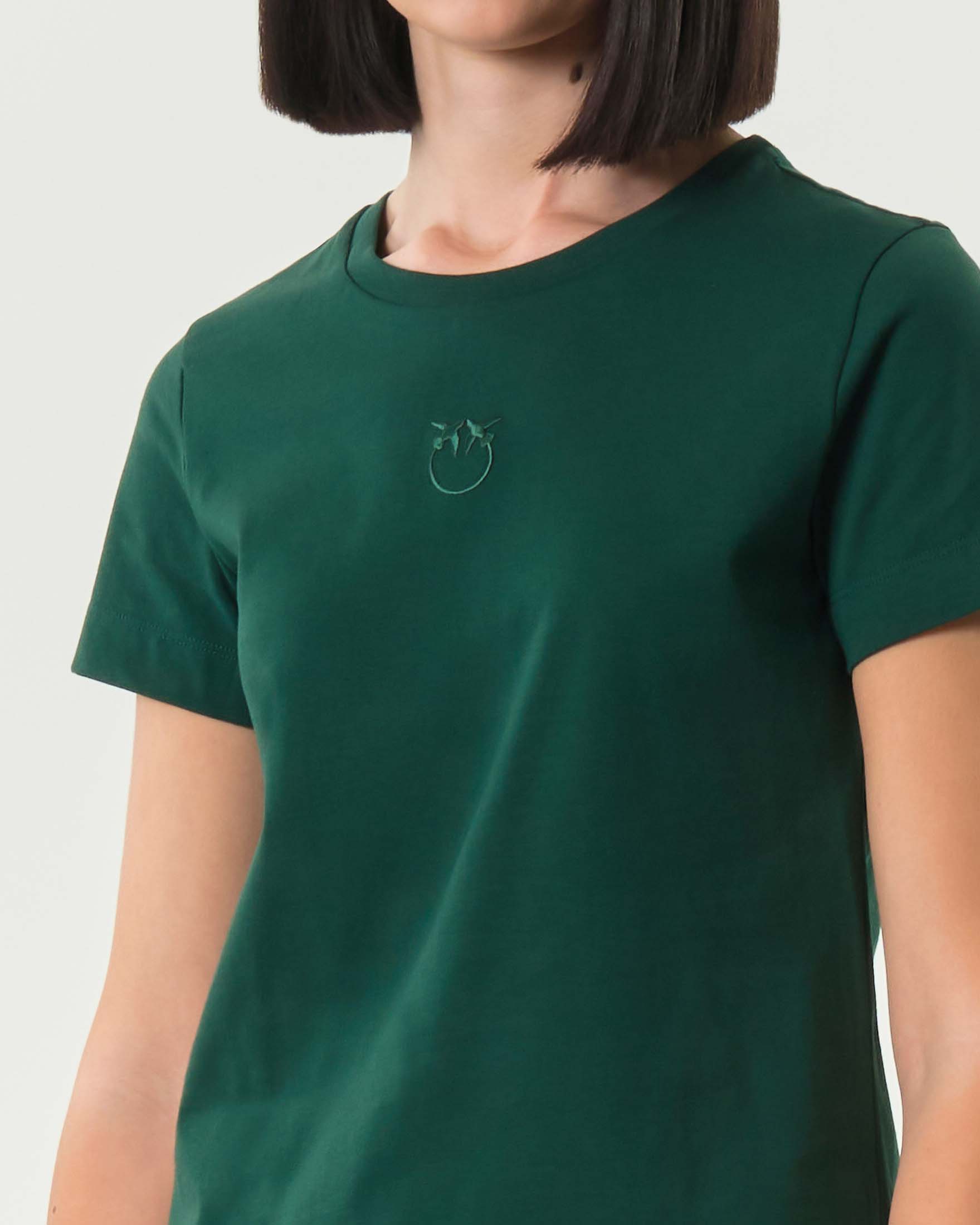 T-shirt Verde in puro cotone Pinko a maniche corte con logo ricamato tono su tono sul petto image