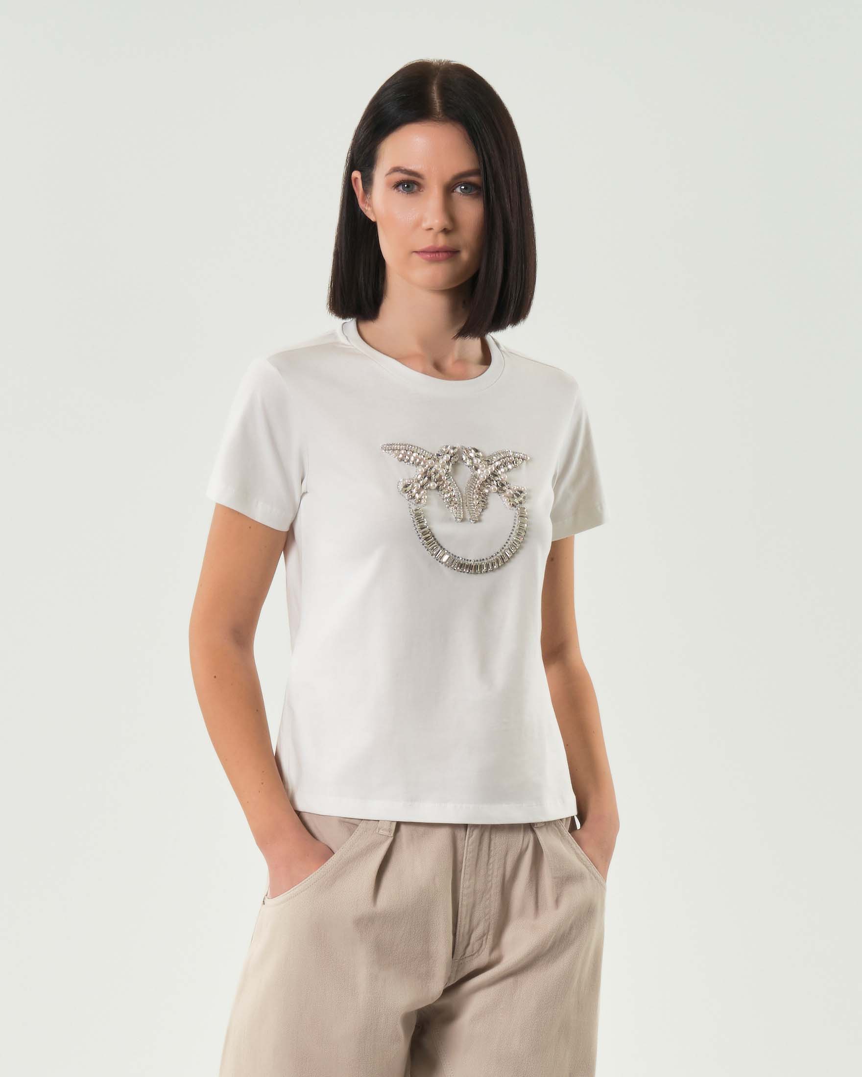 T-shirt bianca in puro cotone Pinko a maniche corte con logo in cristalli e perle ricamato sul centro petto