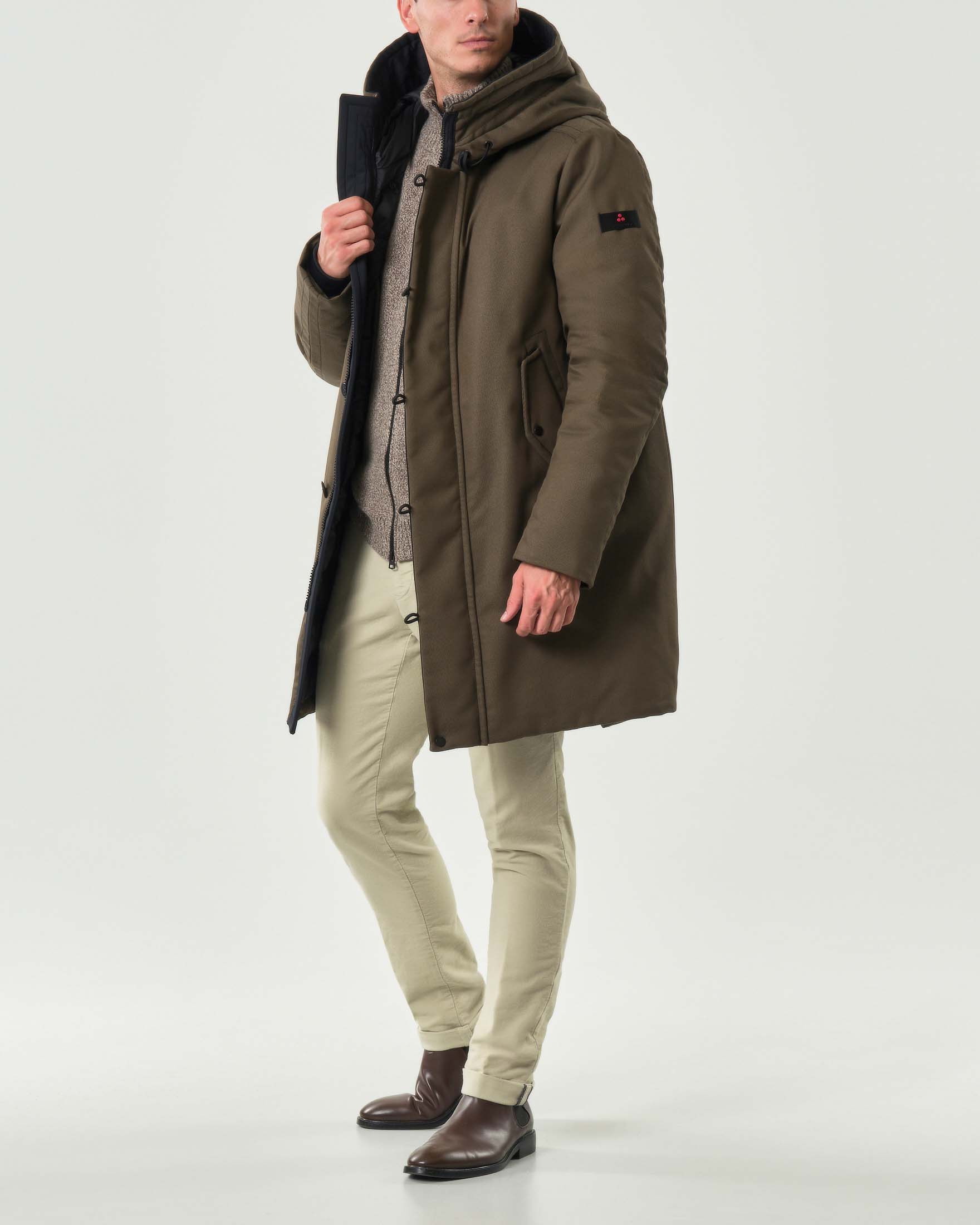 Parka Kasa Peuterey verde militare in misto cotone con cappuccio e coda a eskimo