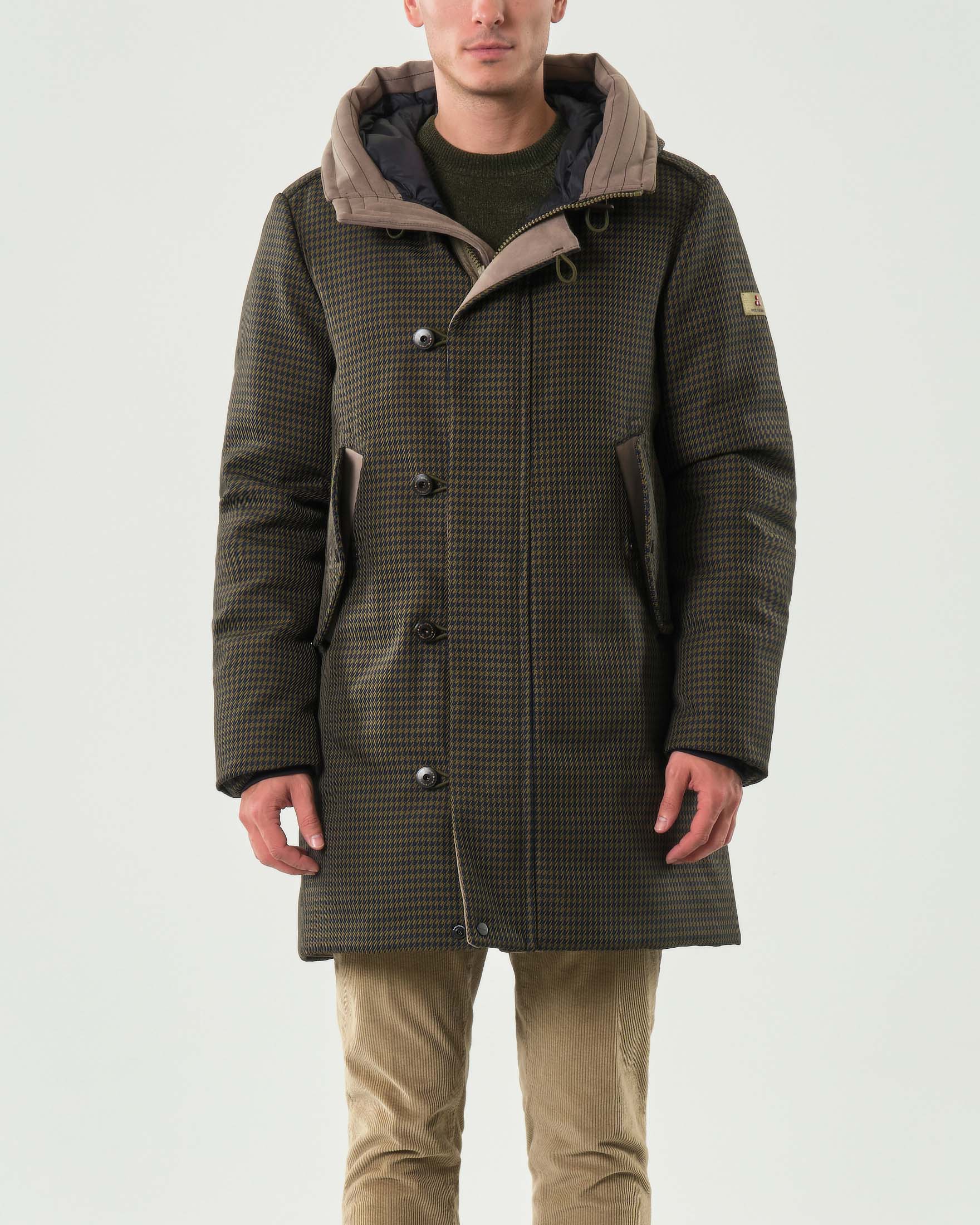 Parka Lomond Peuterey in fantasia pied de poule militare e blu imbottito in piuma con cappuccio fisso image