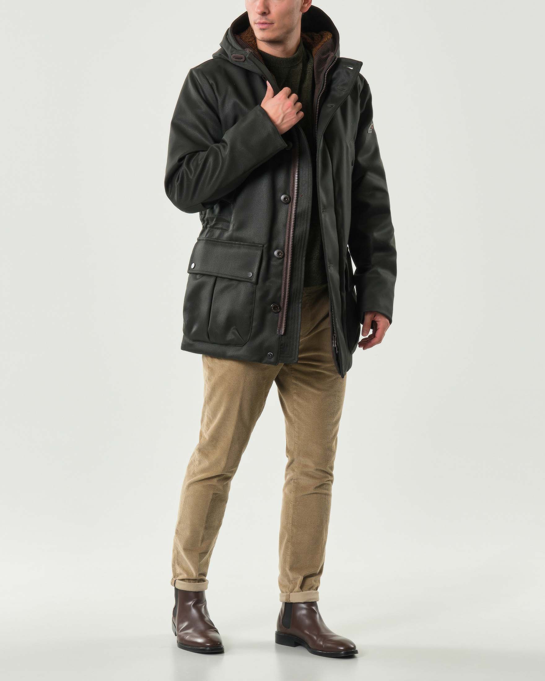 Parka Fingal Peuterey verde scuro in drill di lana e nylon cordura con cappuccio e ecopelliccia interna