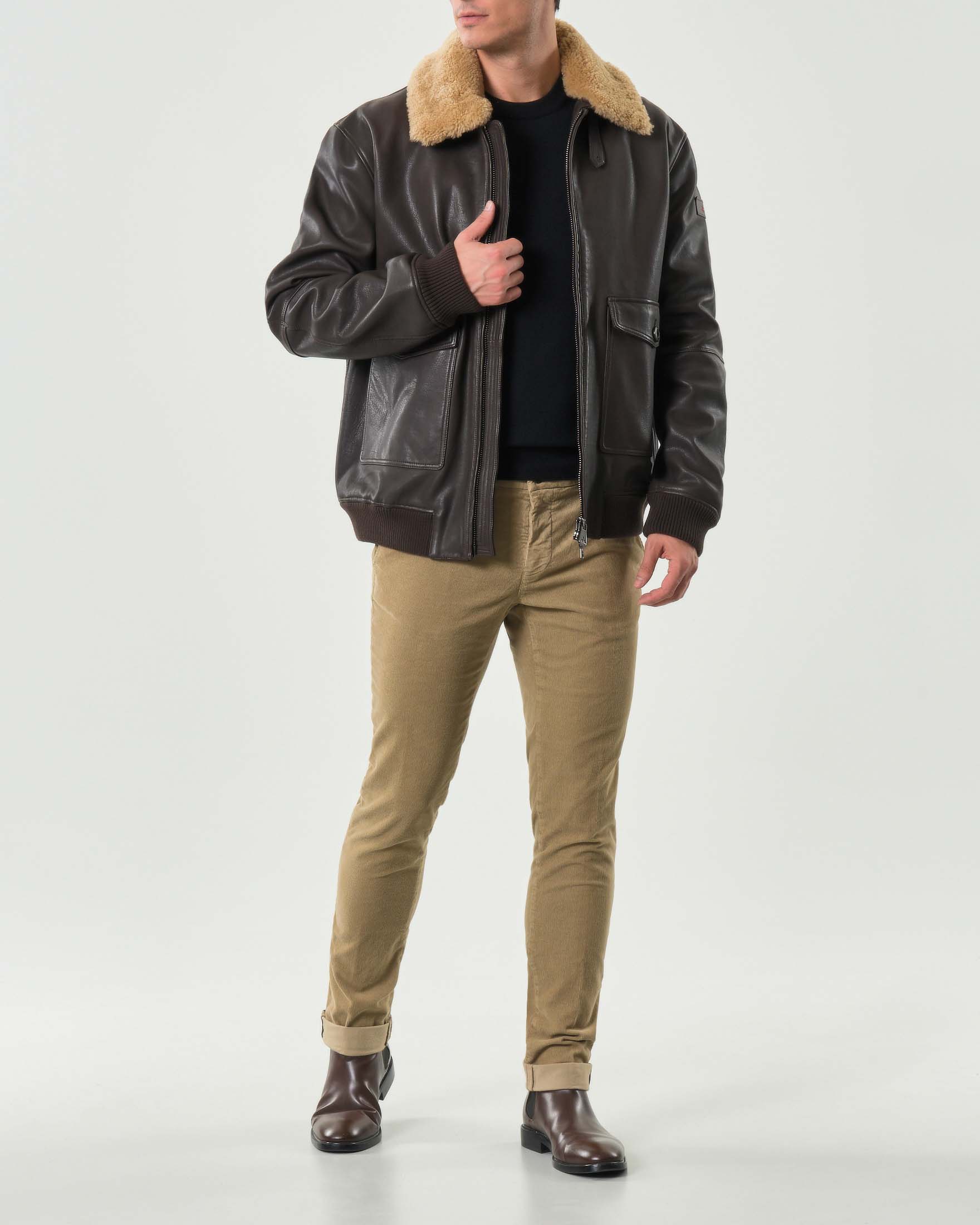 Bomber Murdo Peuterey marrone in pelle con collo in ecopelliccia