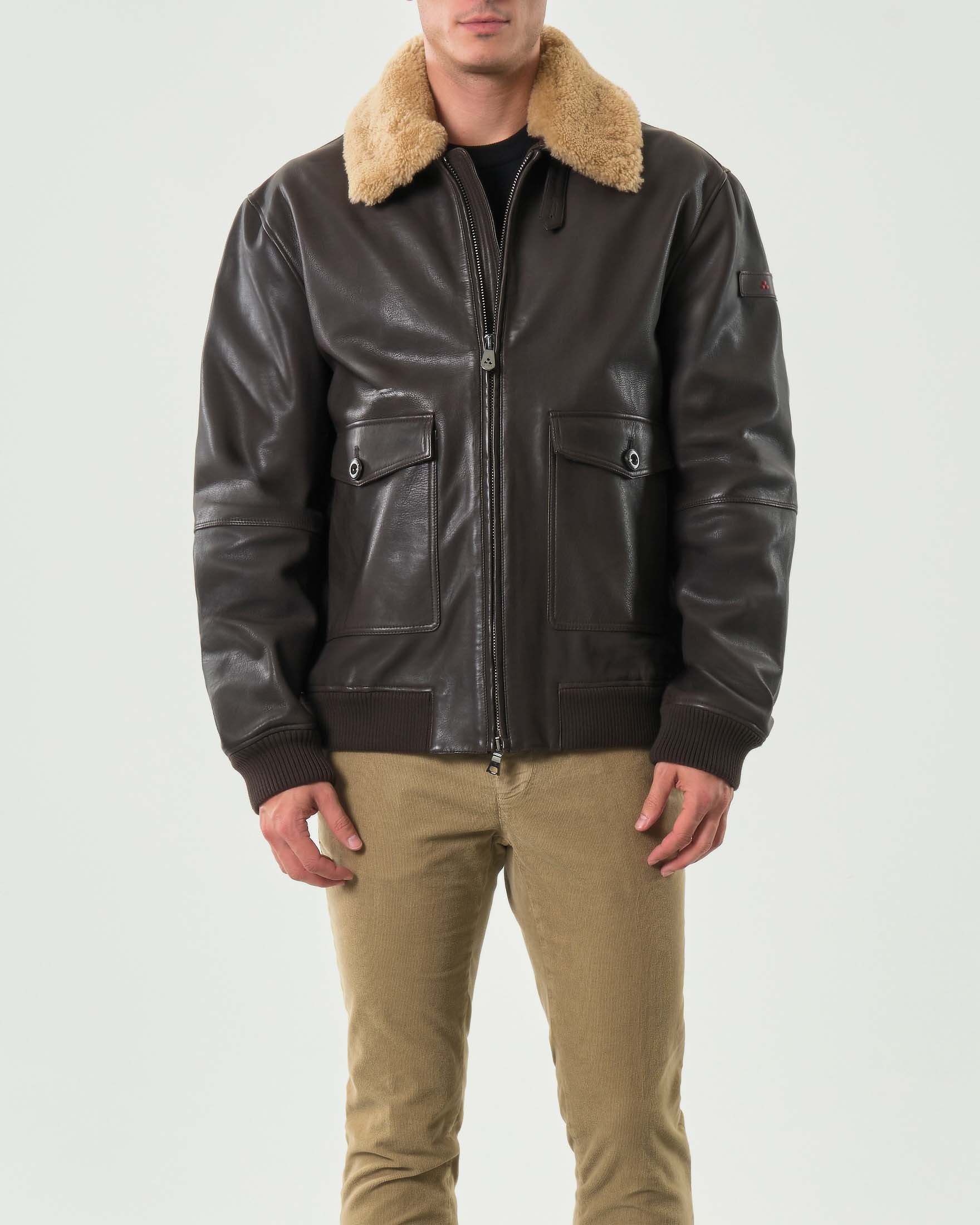 Bomber Murdo Peuterey marrone in pelle con collo in ecopelliccia image