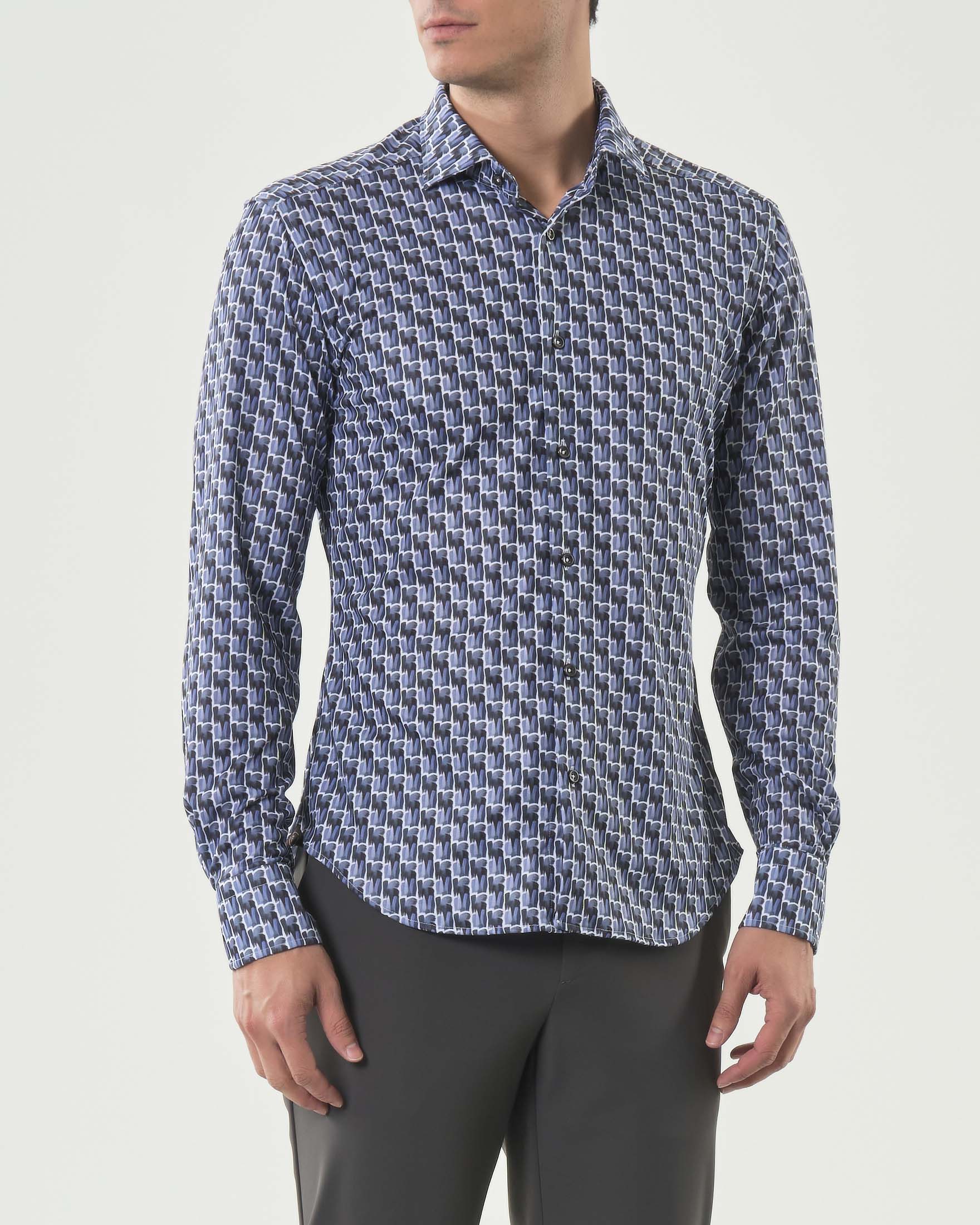 Camicia Re-Do It blu indaco in tessuto tecnico stretch a fantasia pennellate
