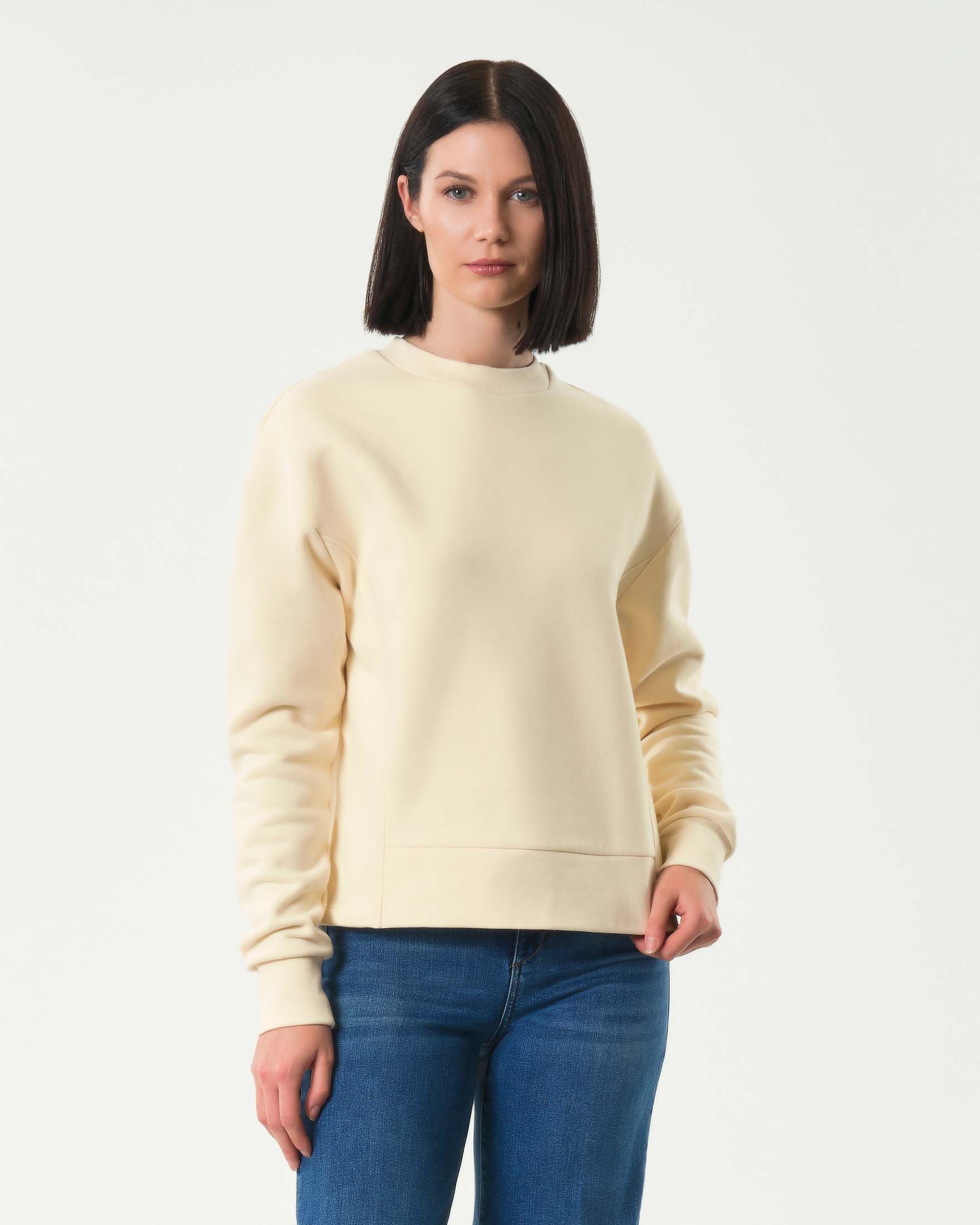 Felpa color burro Patrizia Pepe in cotone con giromanica sceso e scritta logo lungo il fianco