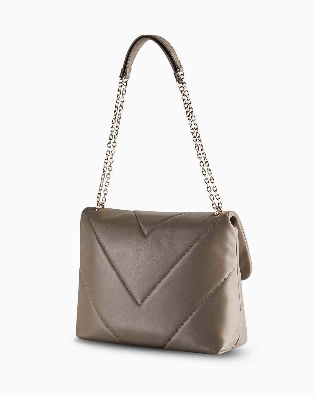 Borsa color taupe Patrizia Pepe in pelle trapuntata con logo Fly sulla patta di chiusura e tracolla a catena in galvanica light gold image