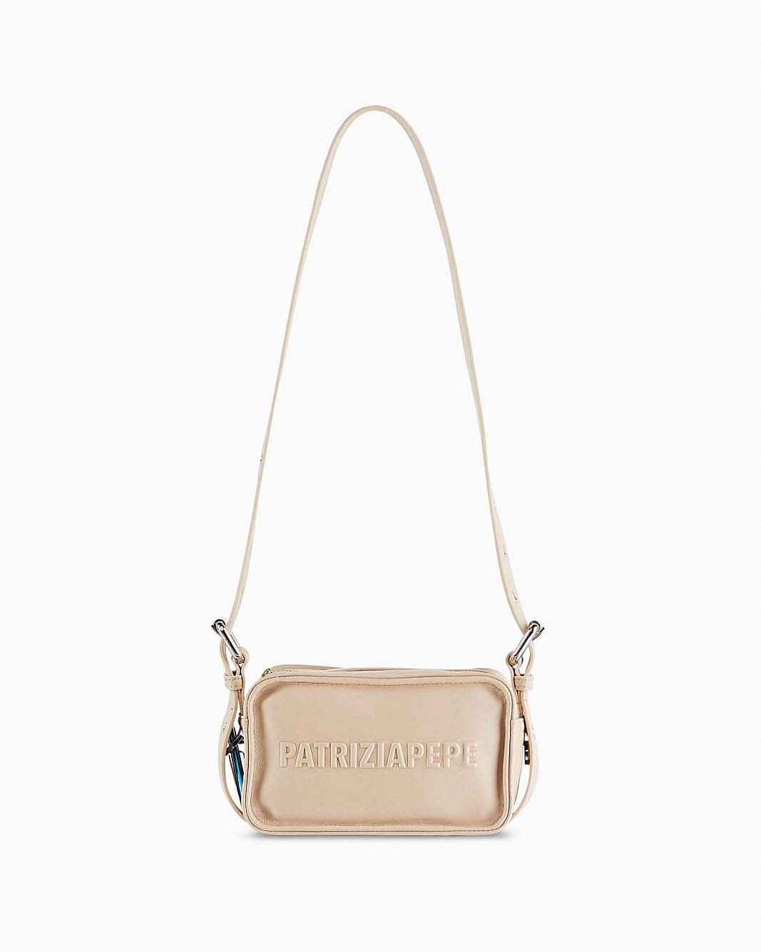Mini borsa beige Patrizia Pepe (IM)PERFECTION a bauletto in pelle con scritta logo a rilievo e manici regolabili
