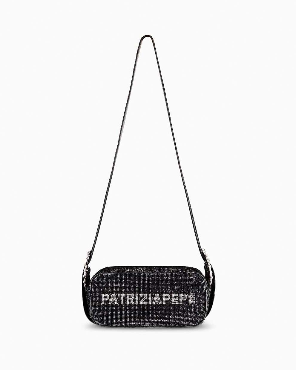 Borsa allungata nera Patrizia Pepe (IM)PERFECTION a bauletto in pelle con strass applicati all over e scritta logo in negativo