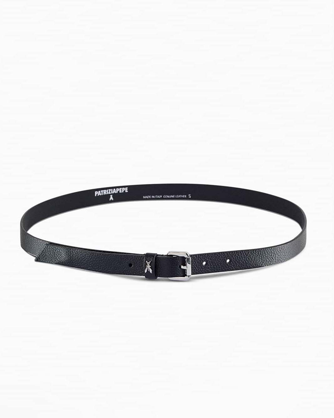 Cintura nera sottile Patrizia Pepe in pelle con fibbia argento con scritta logo impressa e Fly applicata sul davanti
