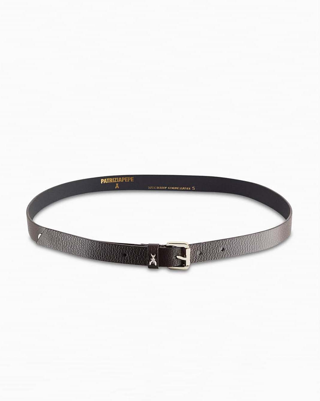 Cintura nera sottile in pelle con fibbia dorata con scritta logo impressa e Fly applicata sul davanti