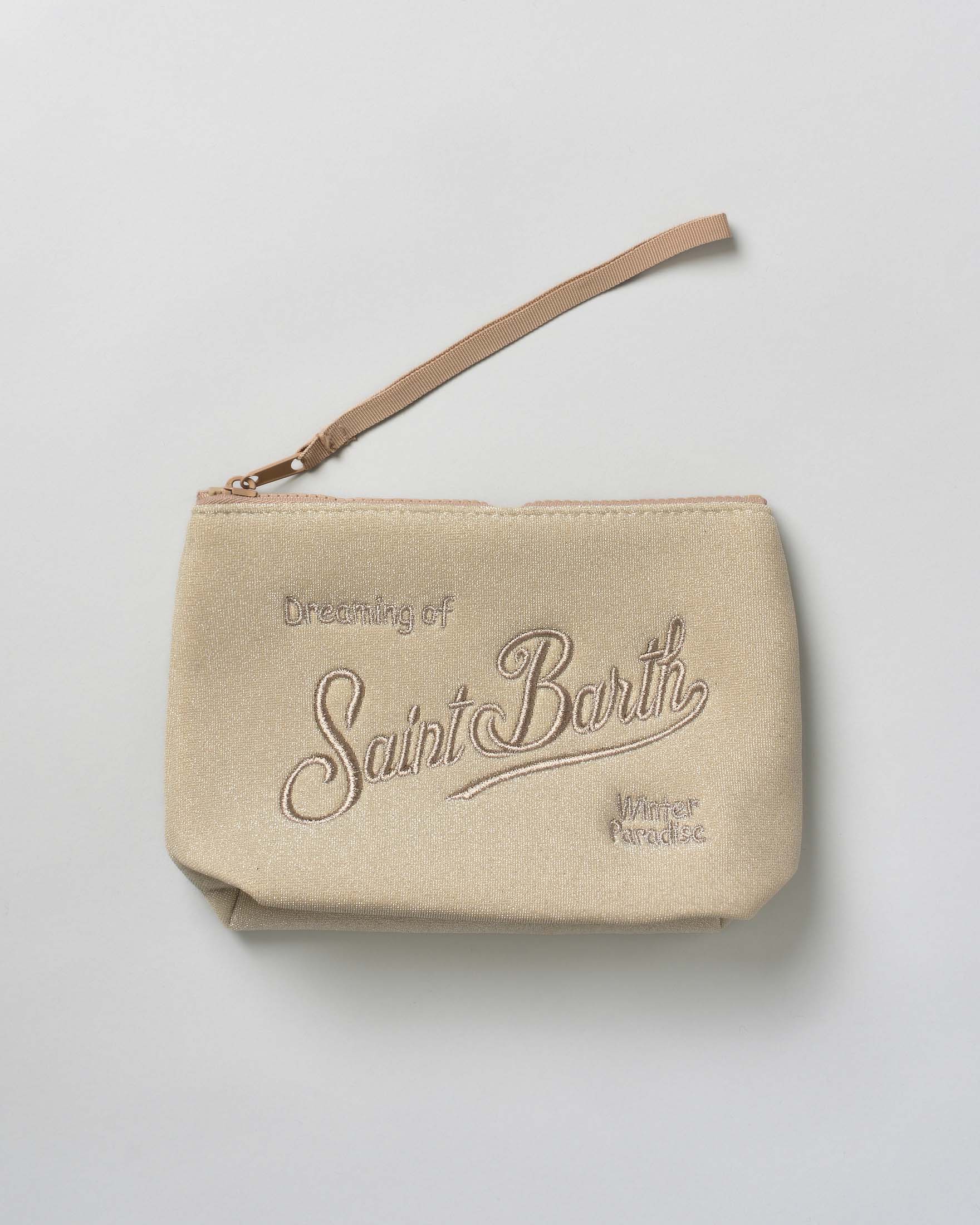 Pochette Aline MC2 Saint Barth beige in tessuto di lurex con scritta logo ricamata a contrasto di colore