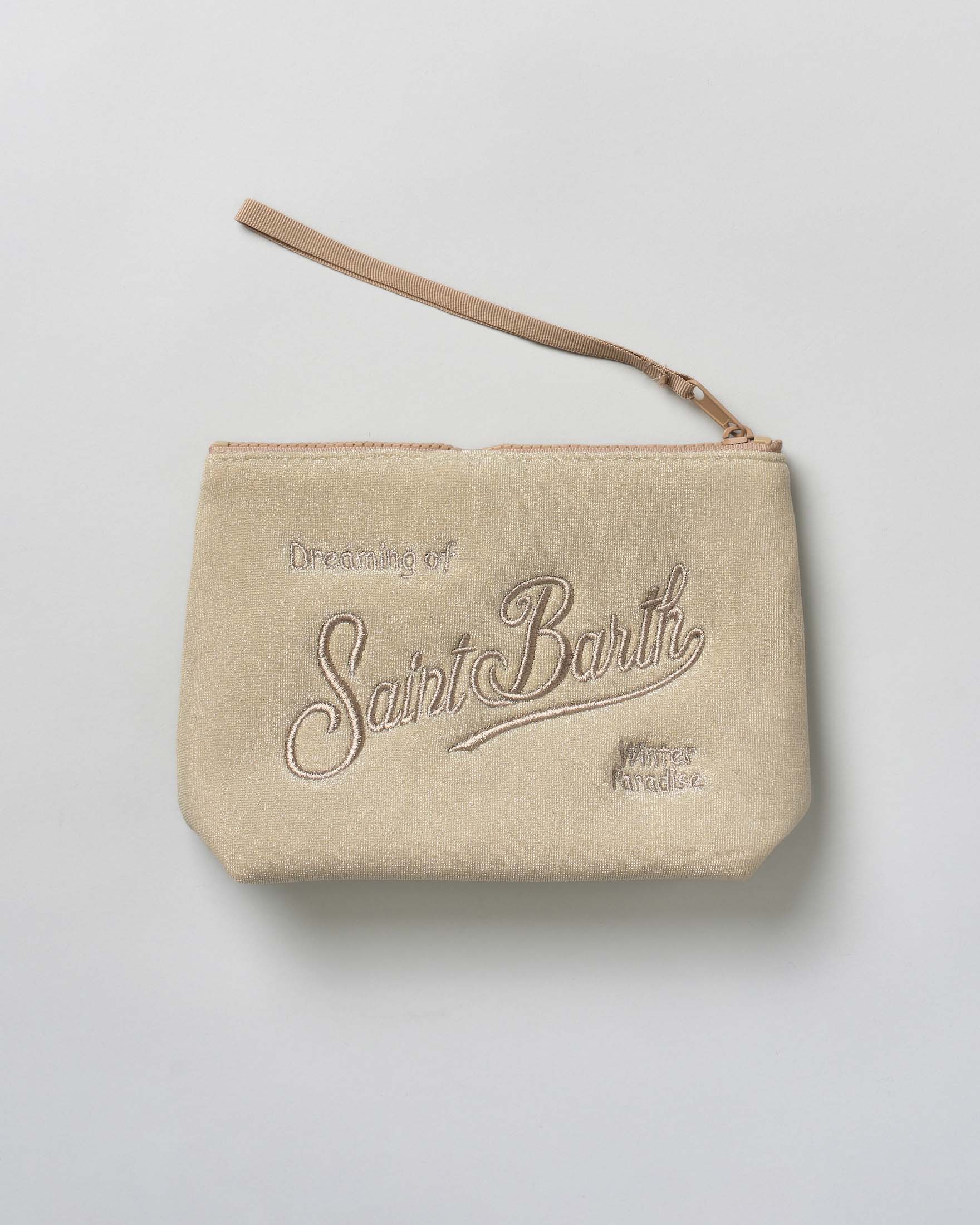 Pochette Aline MC2 Saint Barth beige in tessuto di lurex con scritta logo ricamata a contrasto di colore image