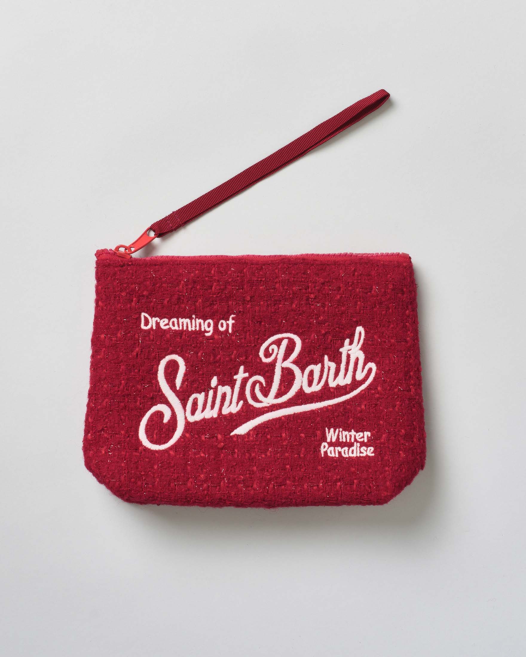 Pochette MC2 Saint Barth rossa effetto tweed con scritta logo ricamata a contrasto di colore