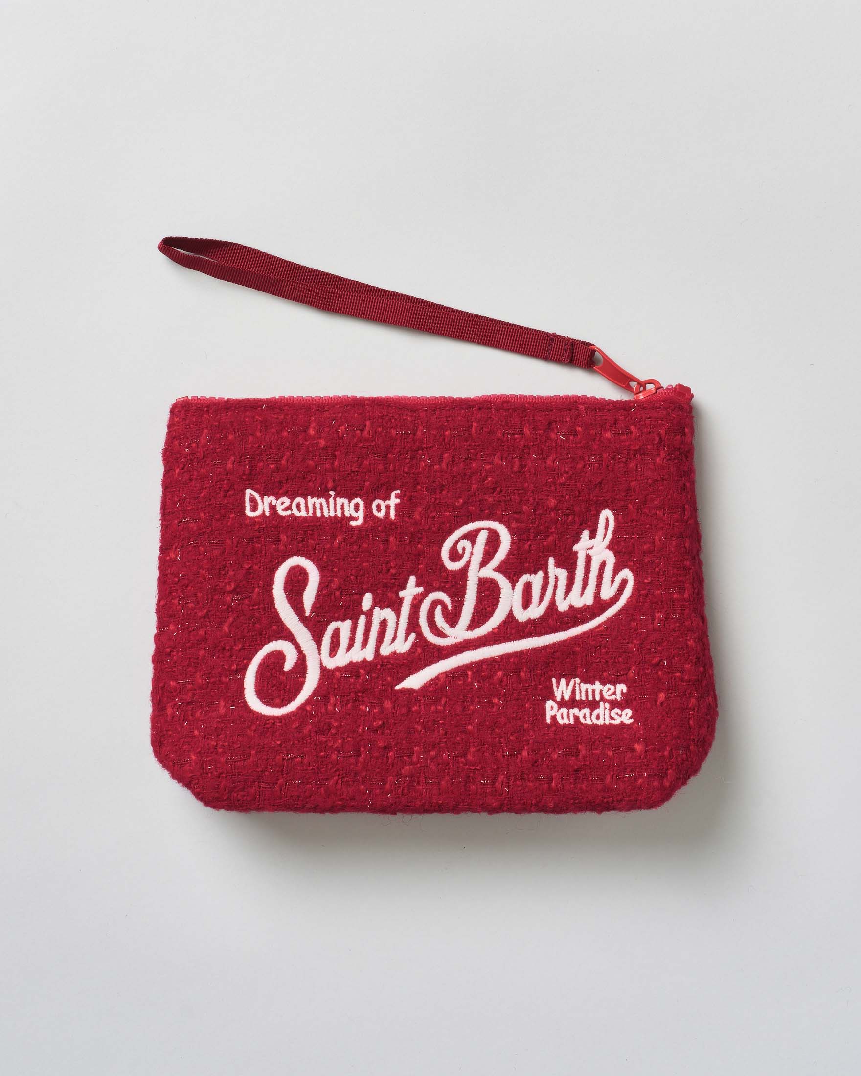 Pochette MC2 Saint Barth rossa effetto tweed con scritta logo ricamata a contrasto di colore image
