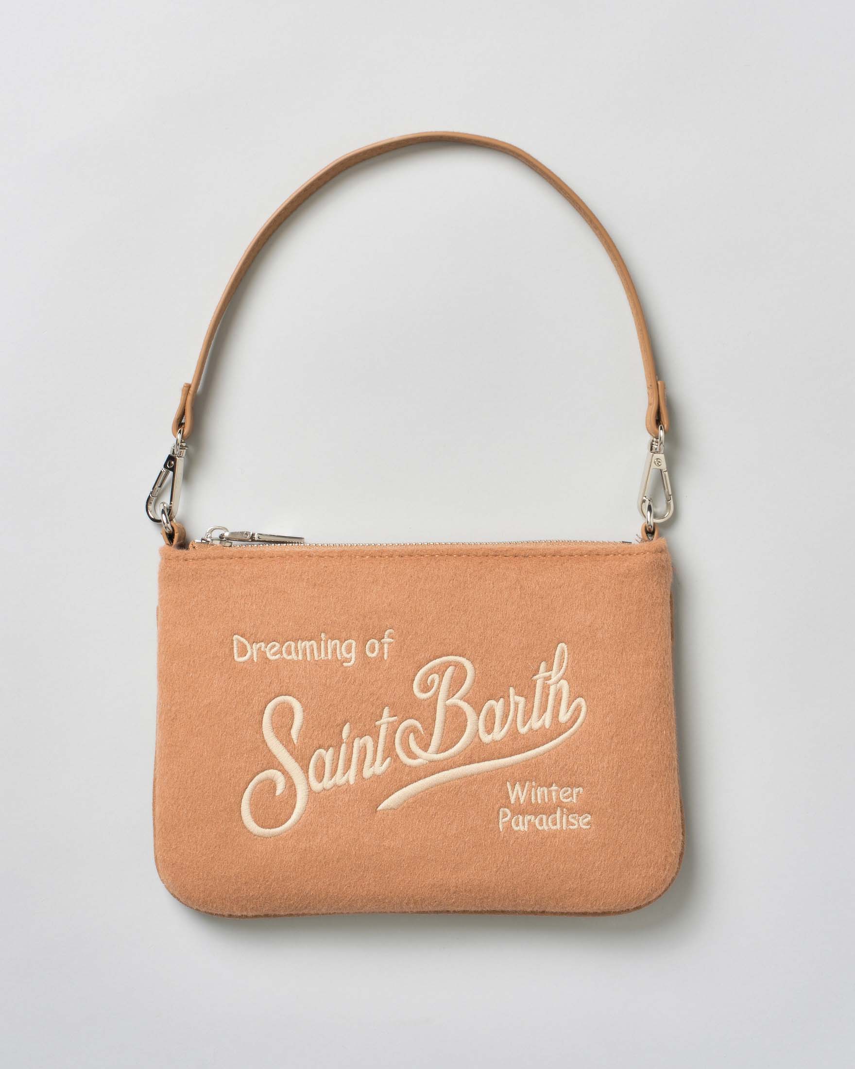 Pochette Parisienne MC2 Saint Barth color cammello in feltro con scritta logo ricamata cammello