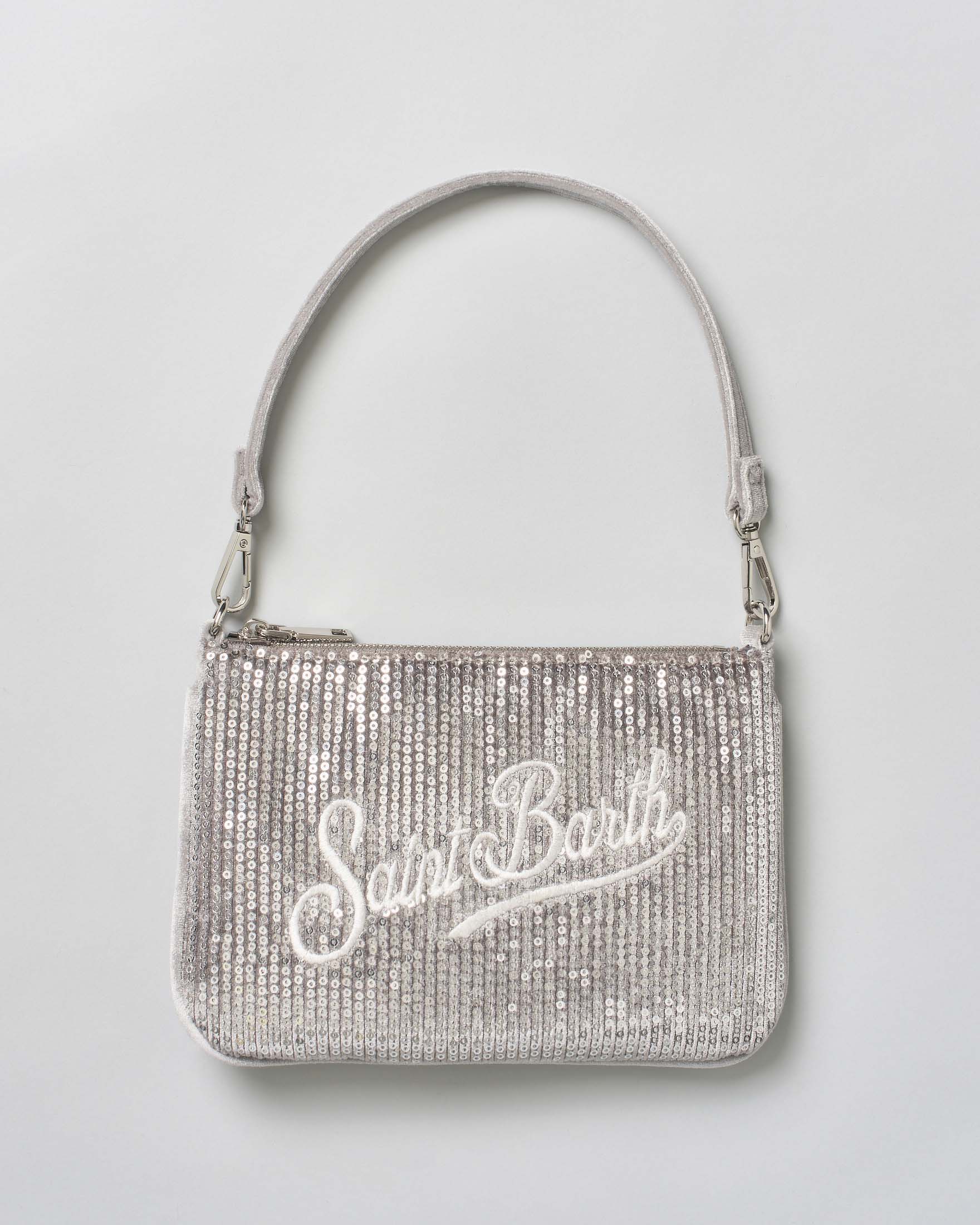 Pochette Parisienne MC2 Saint Barth argento rivestita in paillettes con scritta logo ricamata e profili in velluto