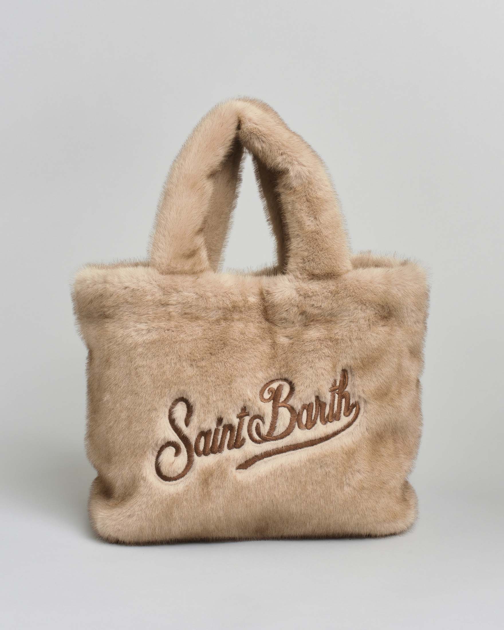 Borsa Colette MC2 Saint Barth beige in ecopelliccia effetto visone con scritta logo ricamata a contrasto di colore