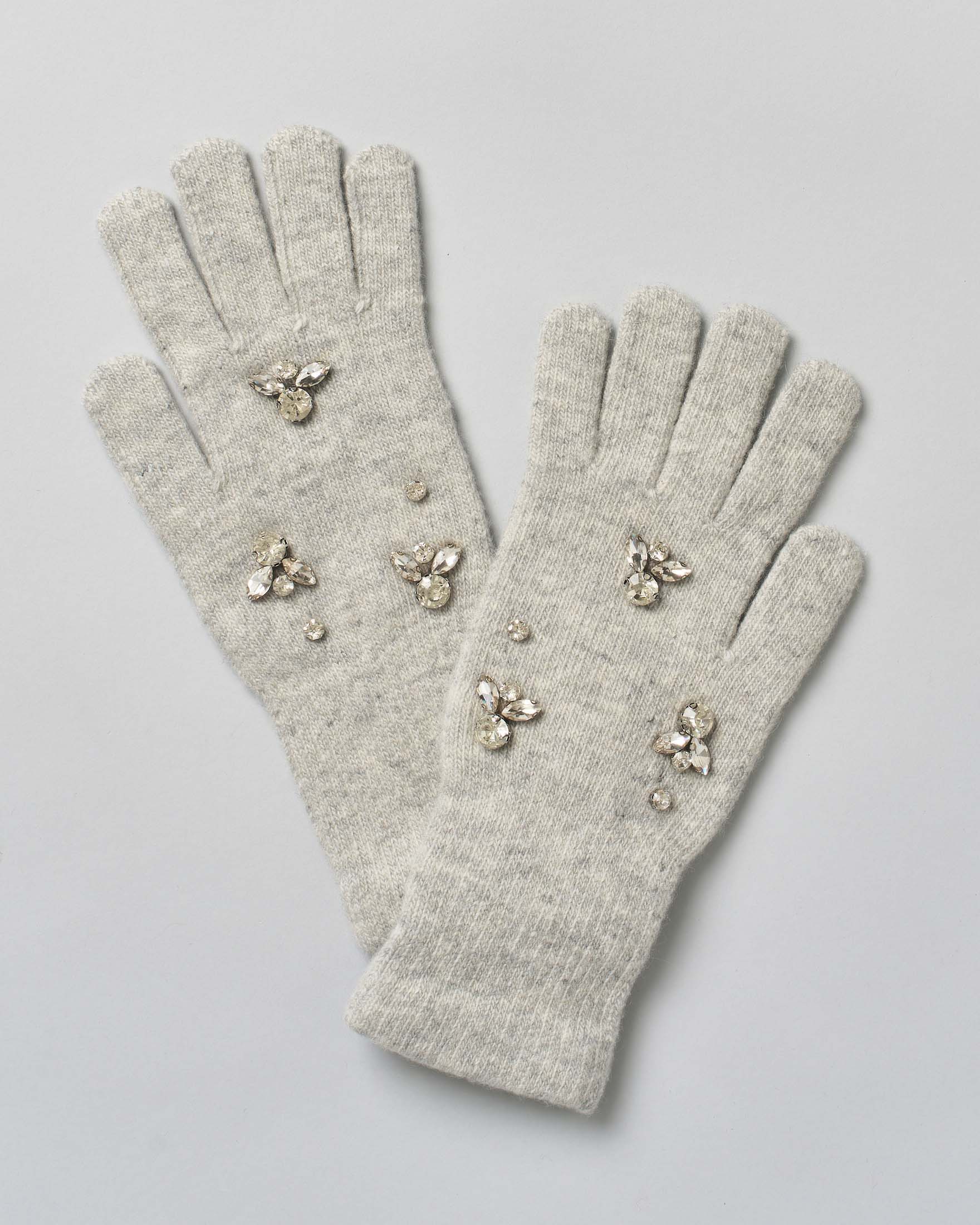 Guanti grigi in misto lana con strass gioiello applicati sul dorso