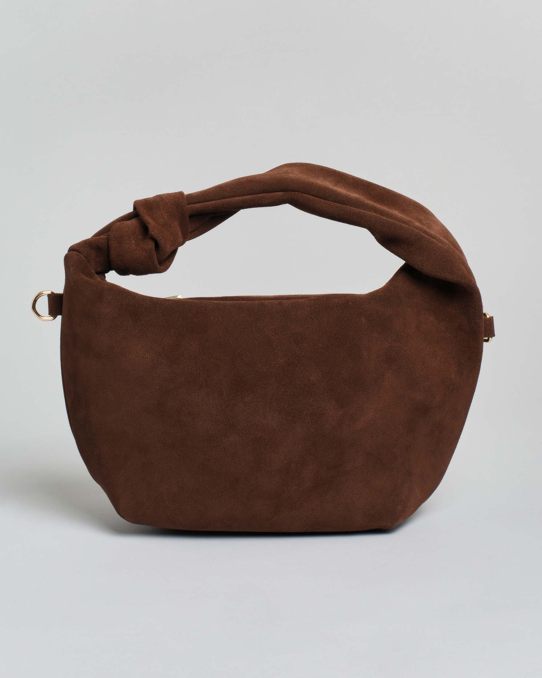Borsa a mano marrone in suede con motivo a nodo sul manico