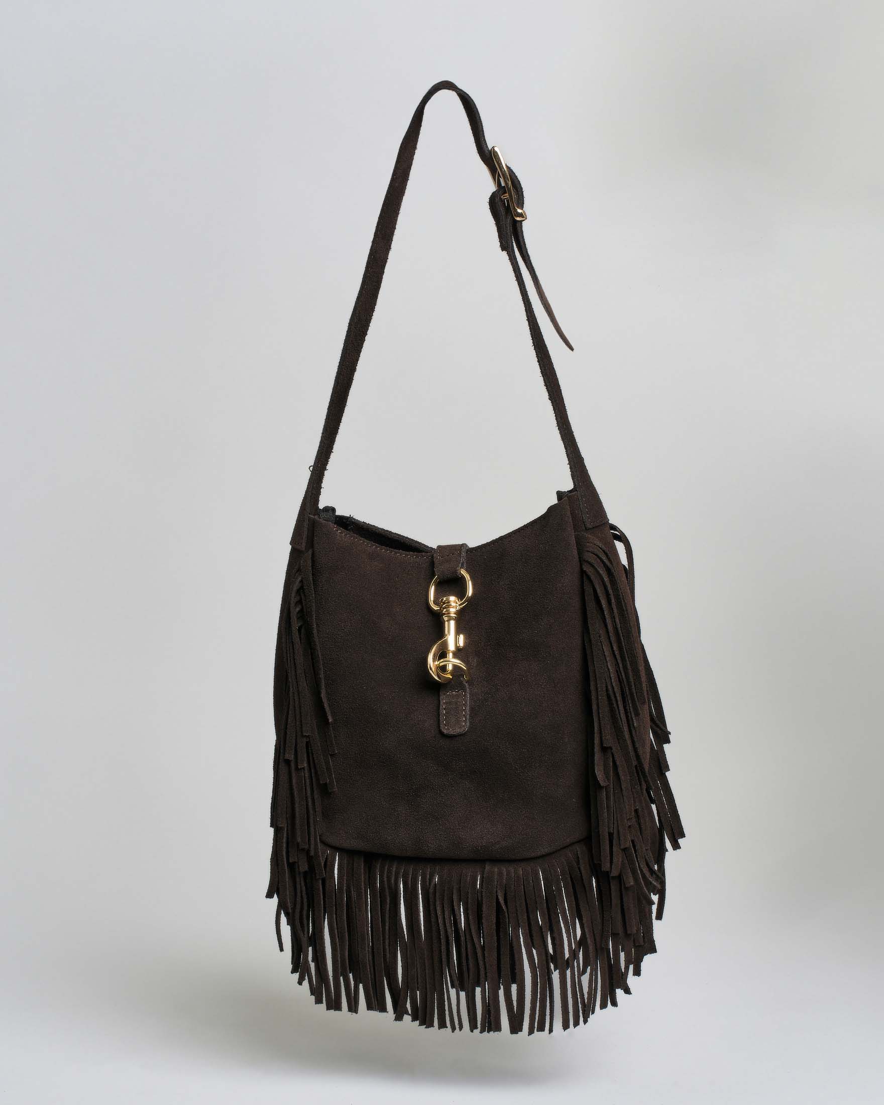 Hobo bag Hlo! color testa di moro misura piccola in suede con chiusura a moschettone e frange applicate al fondo