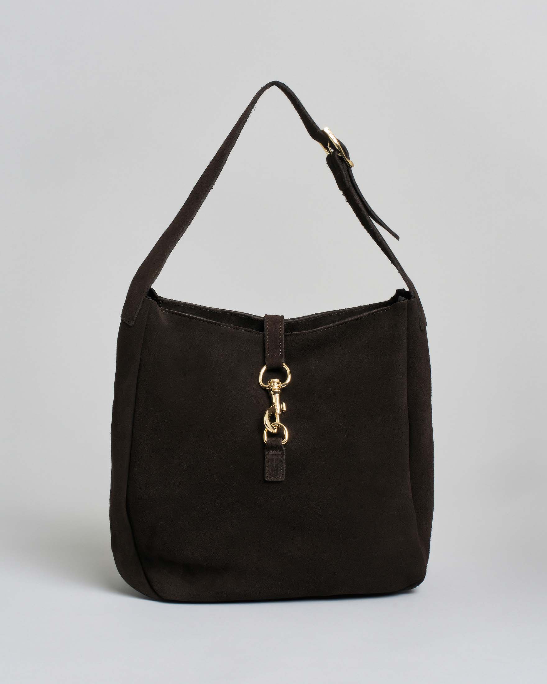 Hobo bag color testa di moro in suede con chiusura a moschettone