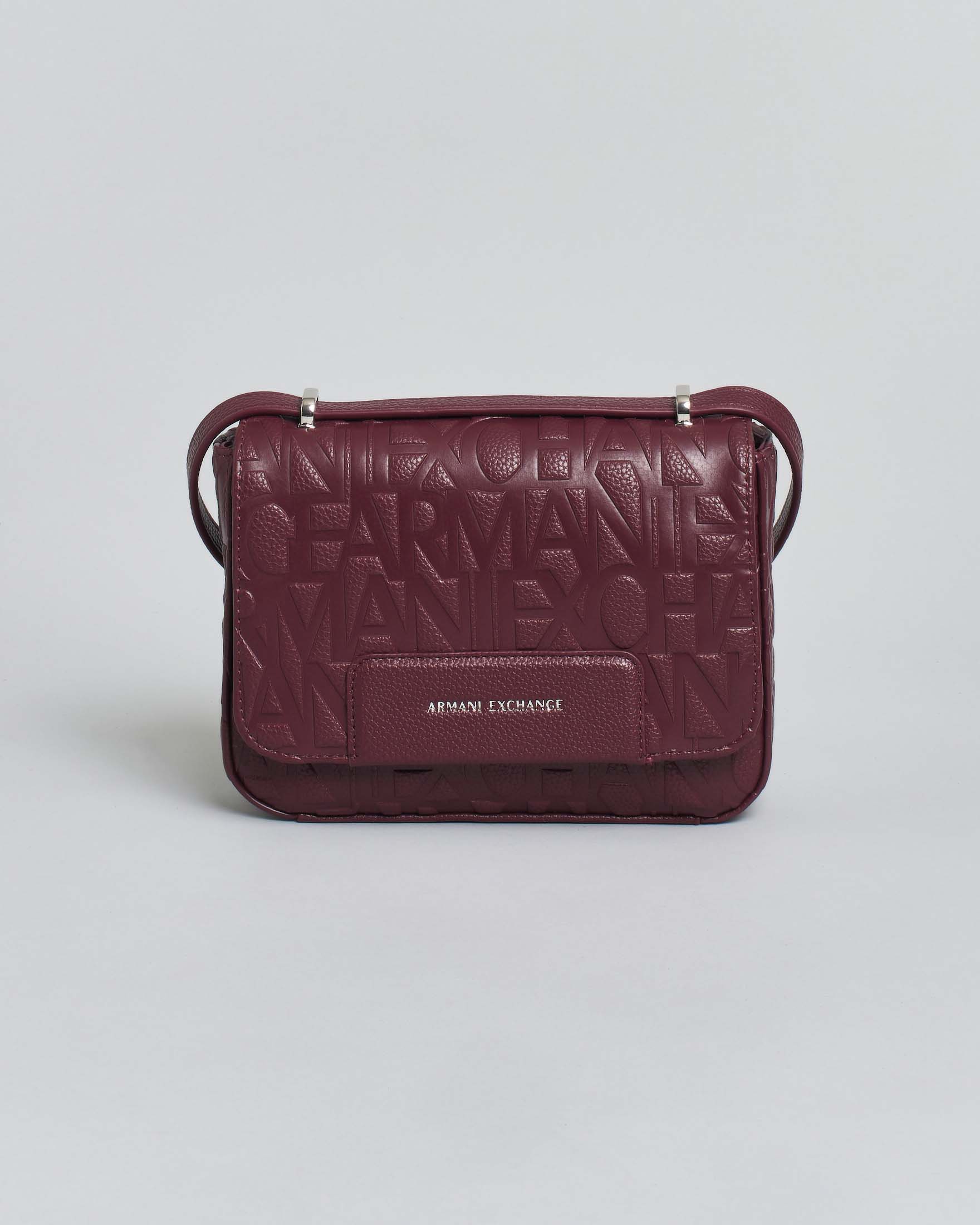 Borsa bordeaux Armani Exchange con logo a rilievo all over e patta di chiusura con logo impresso