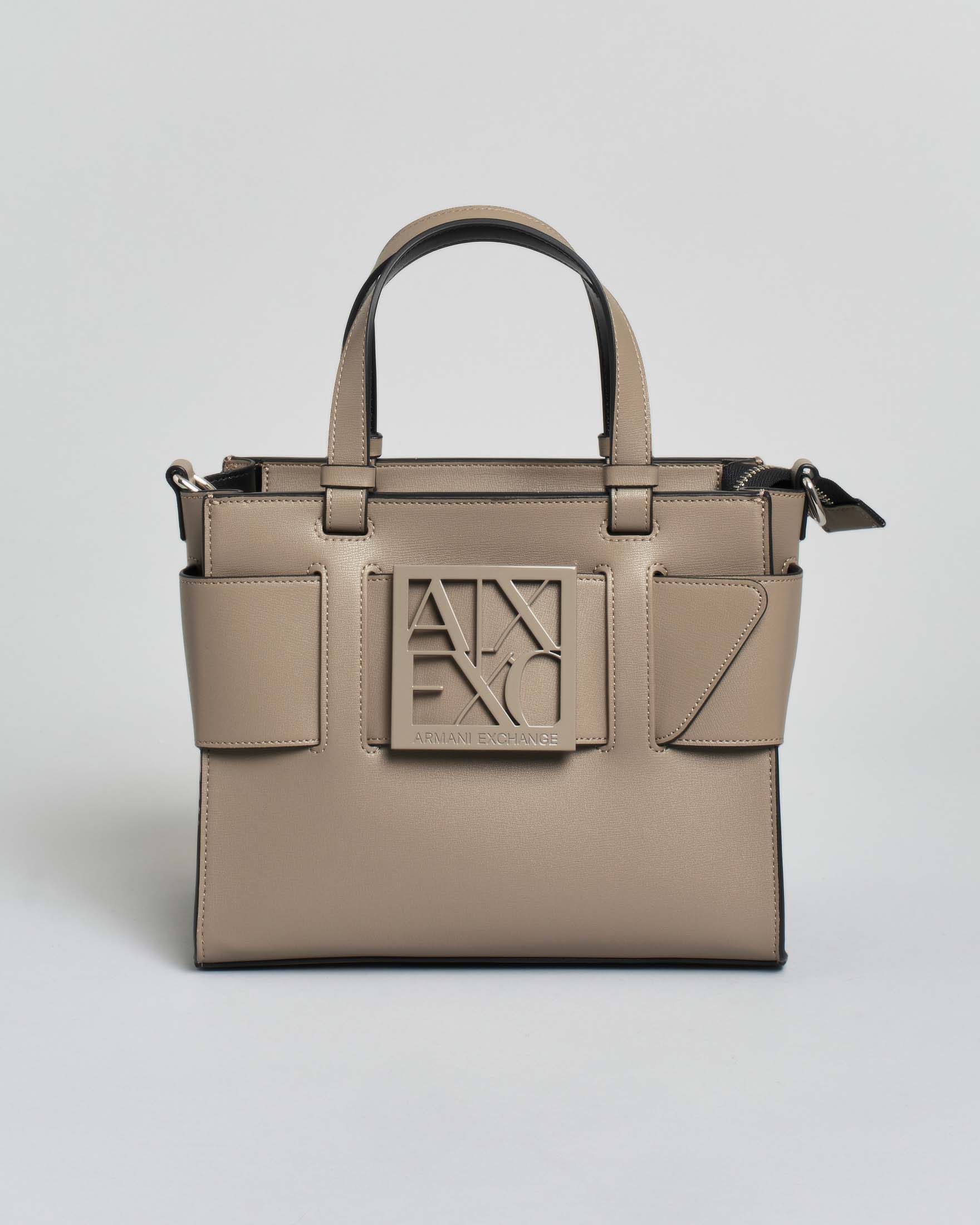 Borsa a mano misura mini in similpelle khaki Armani Exchange con impunture bianche e maxi fibbia logo a specchio tono su tono