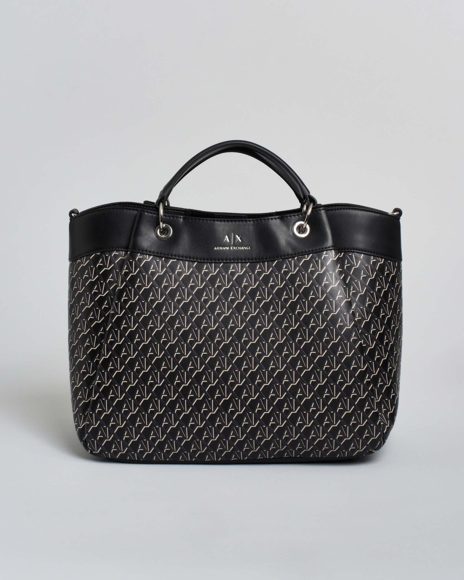 Borsa a mano sagomata in similpelle liscia con logo all over beig e pinces laterai con tracolla spessa in gros grain rimovibile