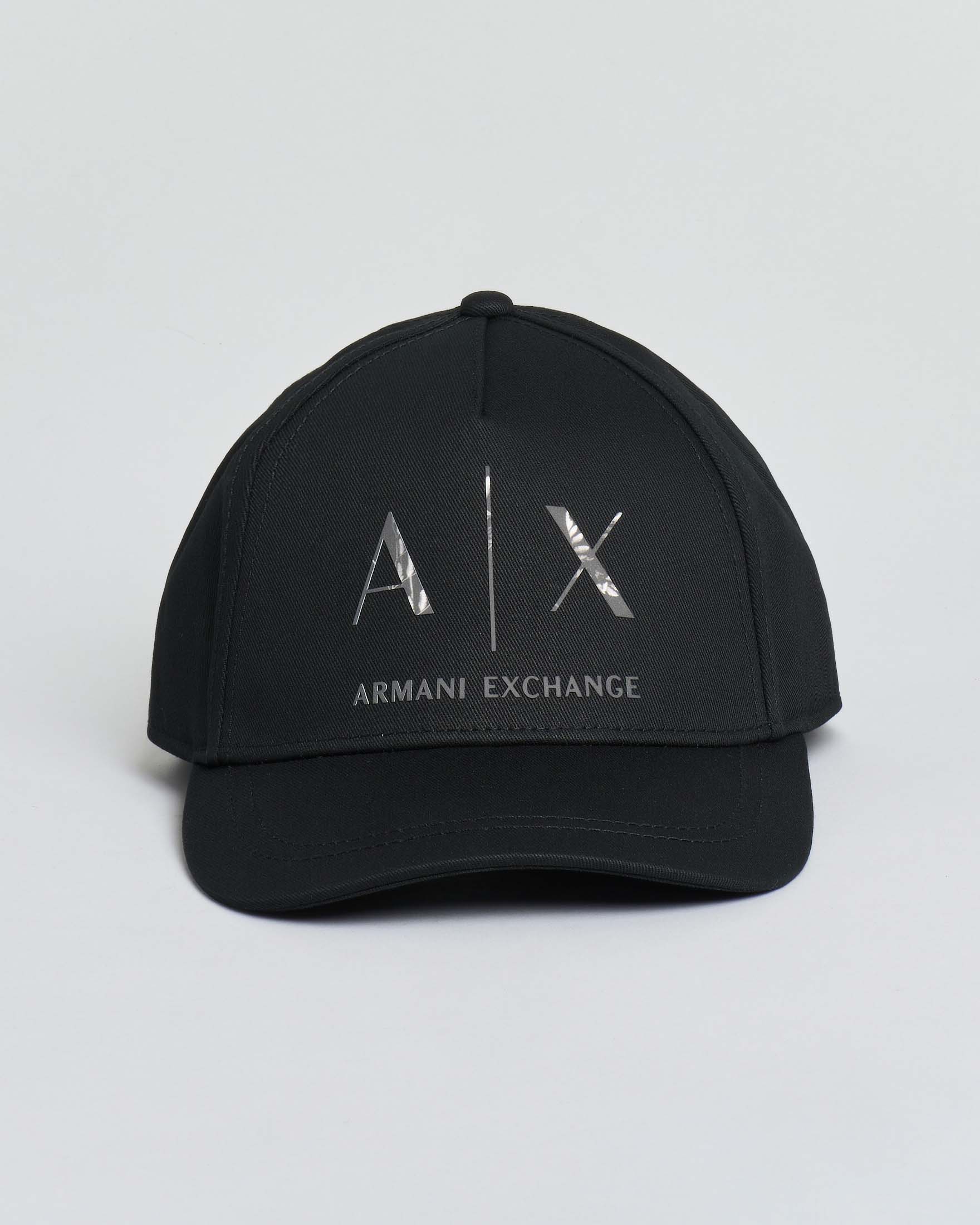 Berretto nero Armani Exchange in cotone con scritta logo gommato effetto marmo