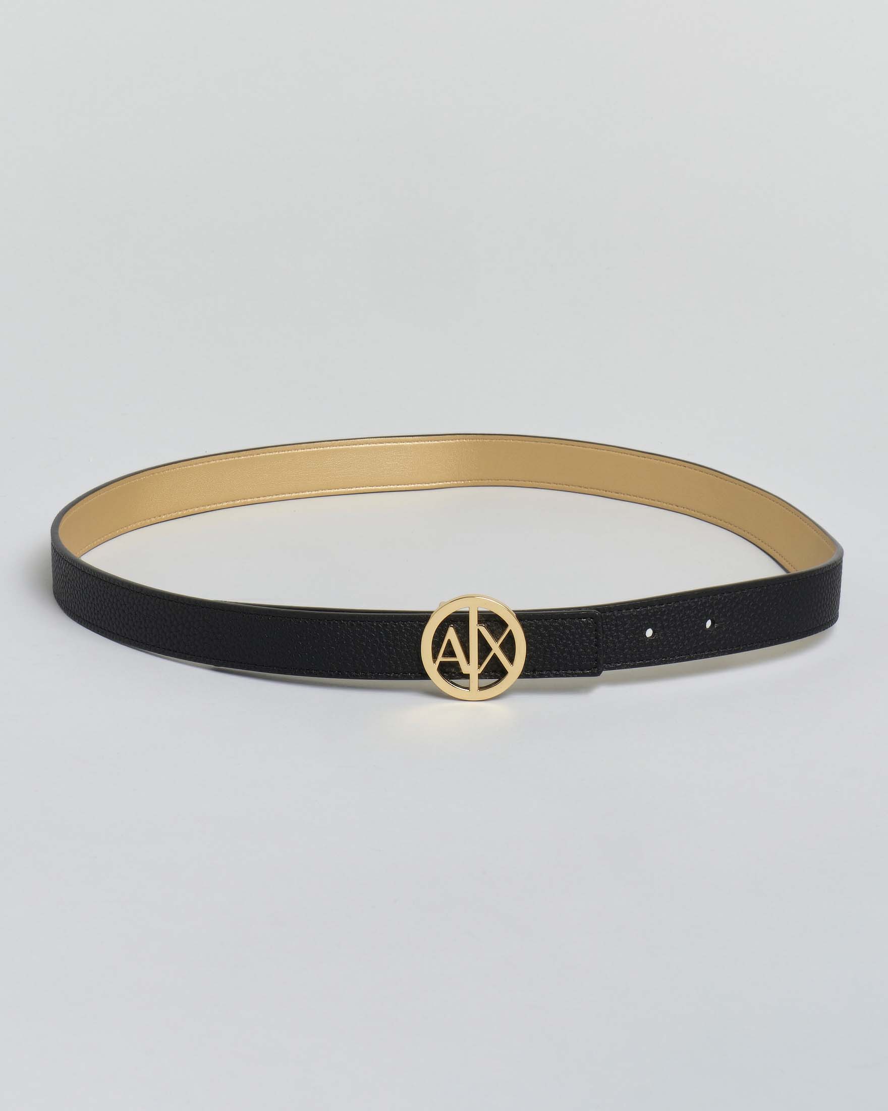 Cintura reversibile nera e oro Armani Exchange in similpelle liscia con fibbia tonda logo dorata