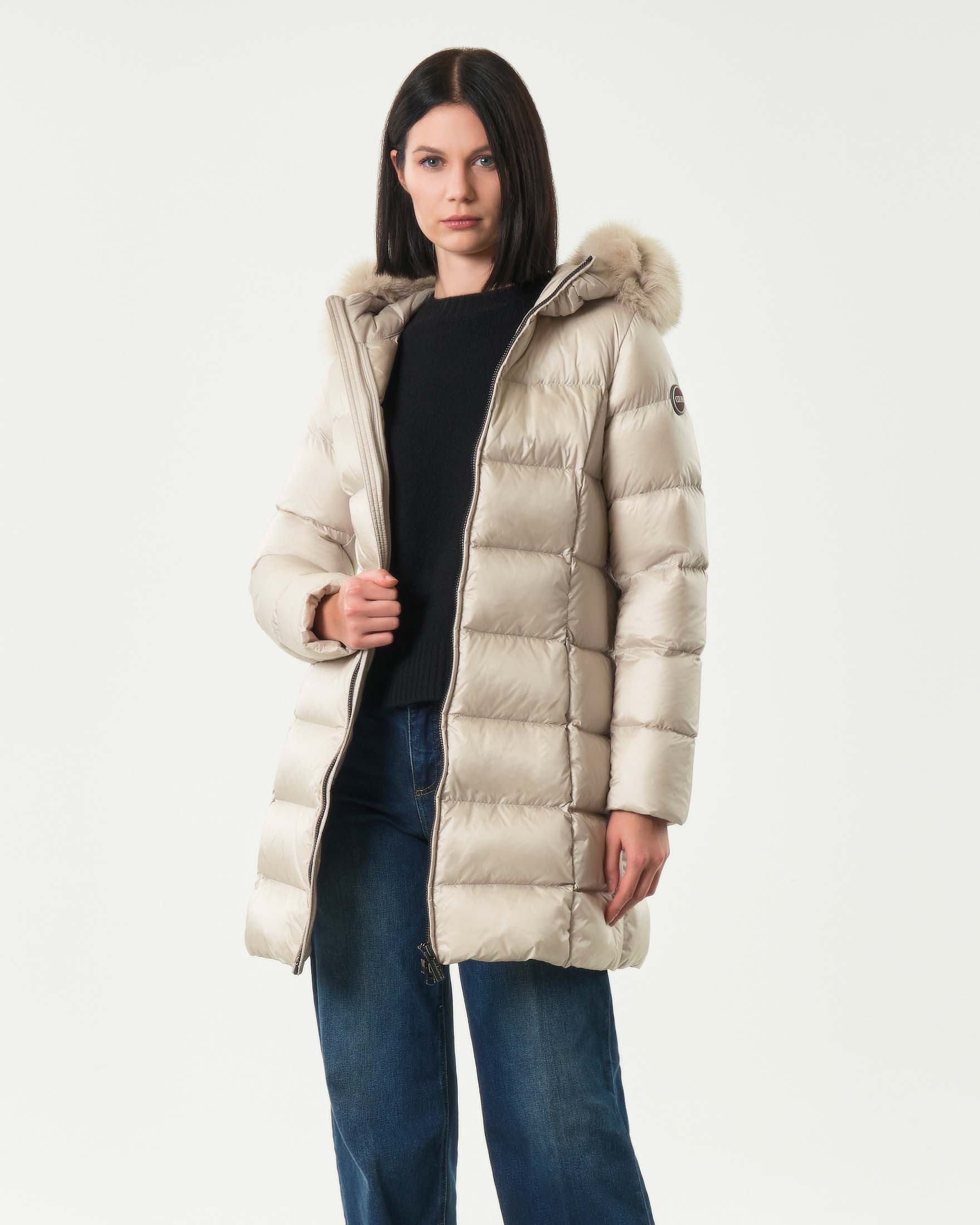 Piumino color gesso midi Colmar Originals con cappuccio con profilo in pelliccia tono su tono