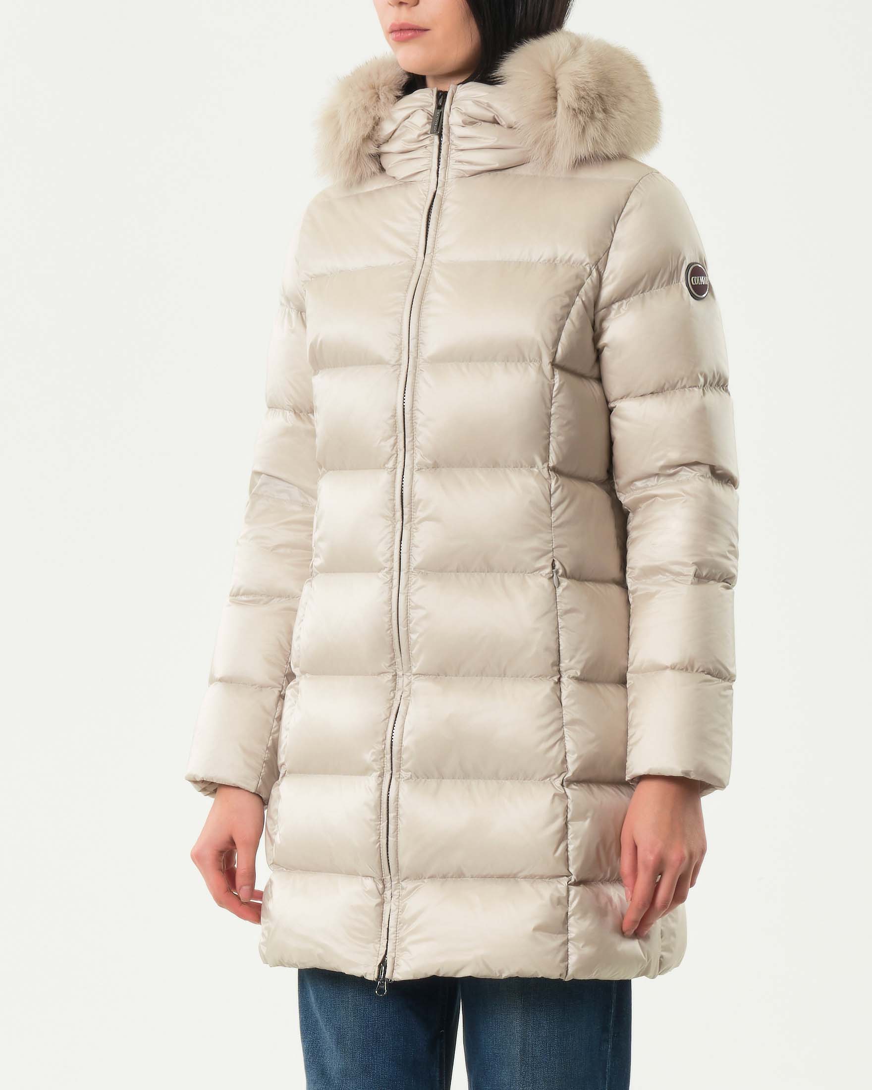 Piumino color gesso midi Colmar Originals con cappuccio con profilo in pelliccia tono su tono image