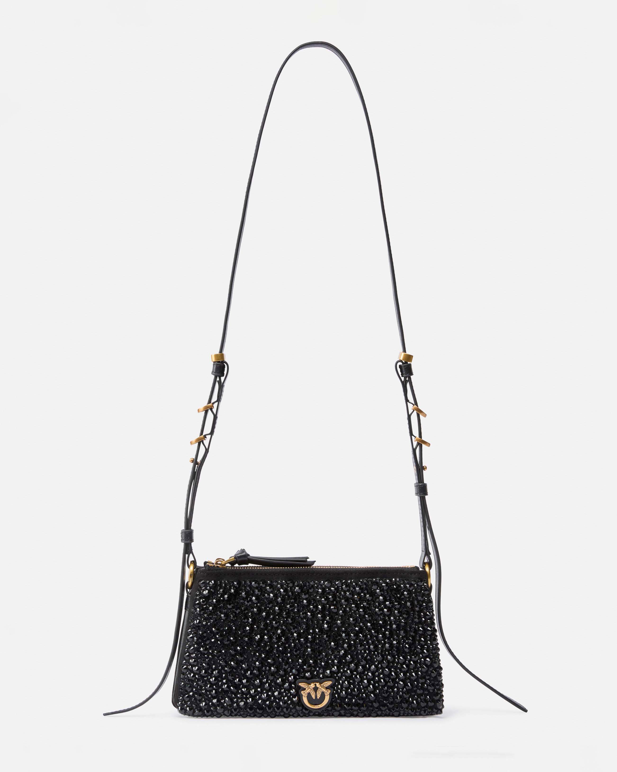Mini Double Bag nera Pinko con strass applicati all over tono su tono e tracolla regolabile