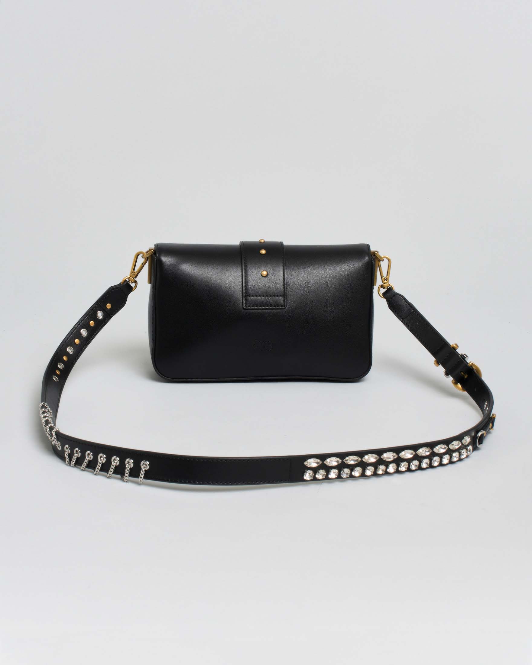 Borsa a spalla piccola nera Mini Love Bag Slouchy in pelle con borchie catene e strass applicati sulla tracolla