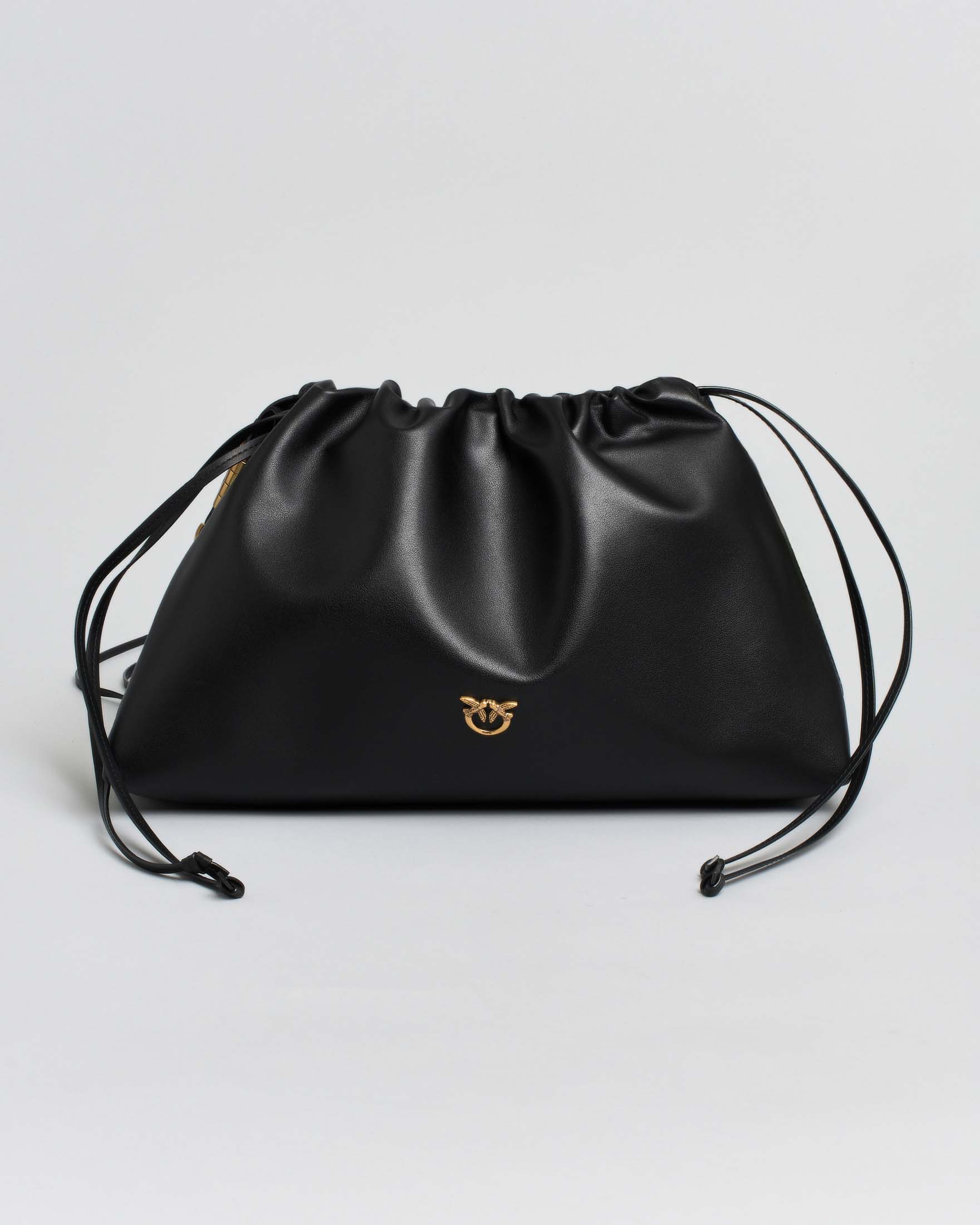 Mini sacchetto nero Pinko in pelle con chiusura arricciata con doppia tracolla a coulisse