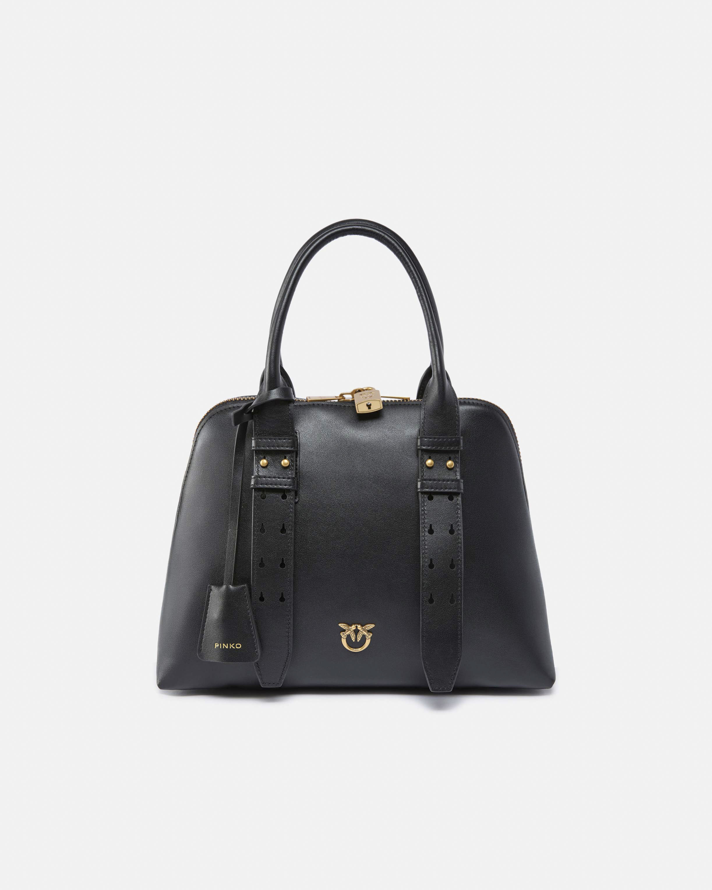 Borsa nera a mano Pinko in pelle liscia dalla linea a trapezio