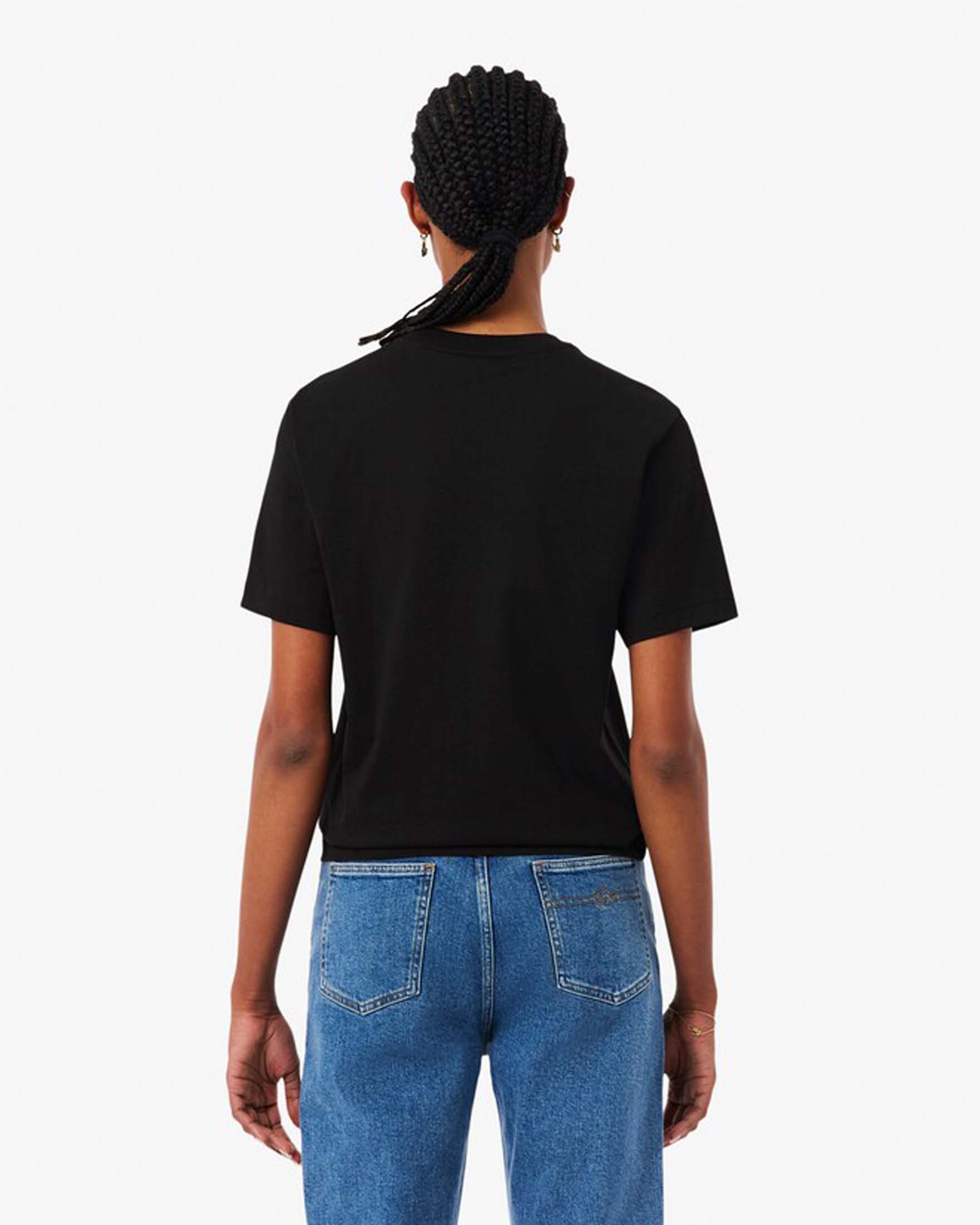 T-shirt nera Lacoste in cotone con scollo tondo e logo cucito sul petto a contrasto di colore