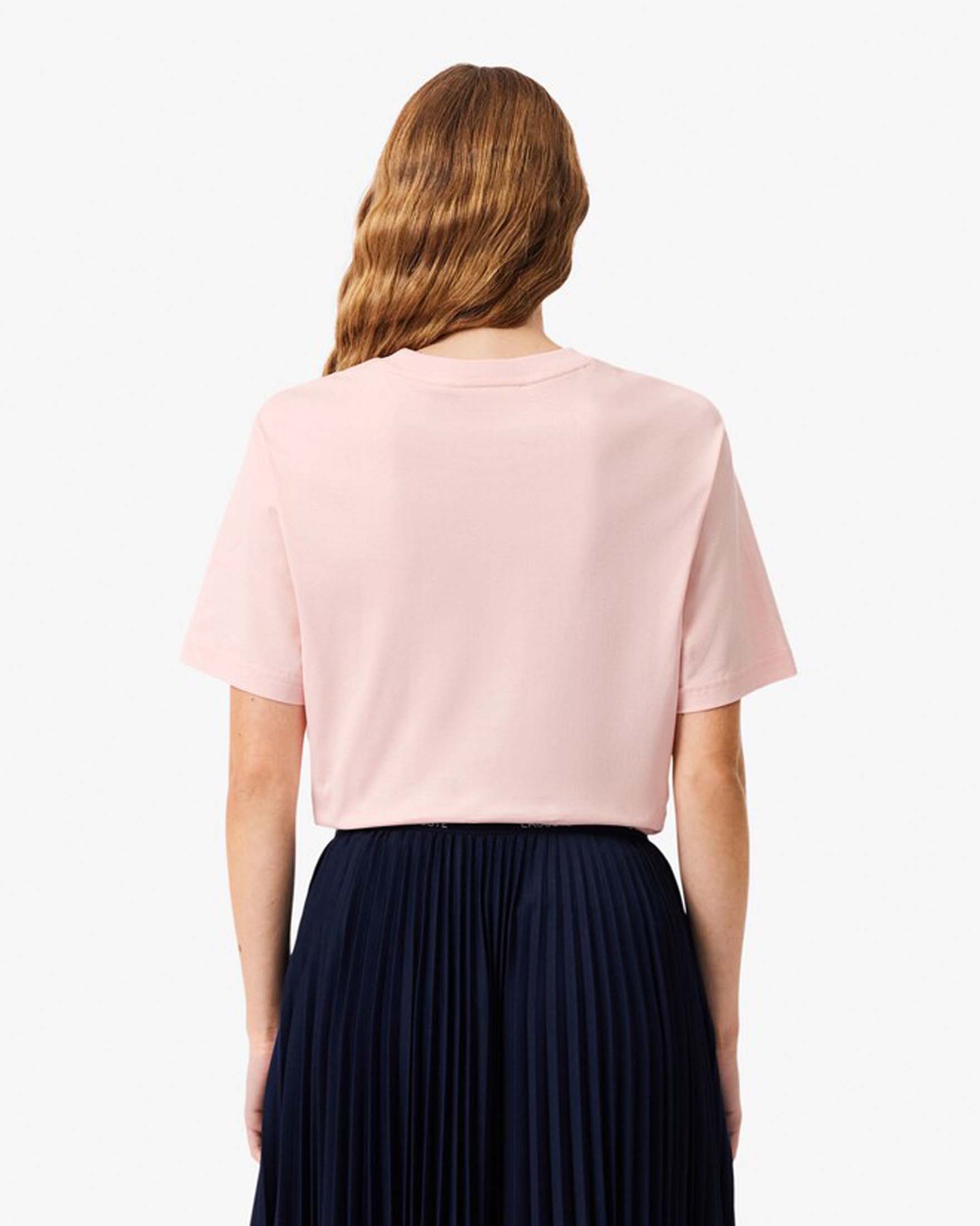 T-shirt rosa Lacoste in cotone con scollo tondo e logo cucito sul petto a contrasto di colore