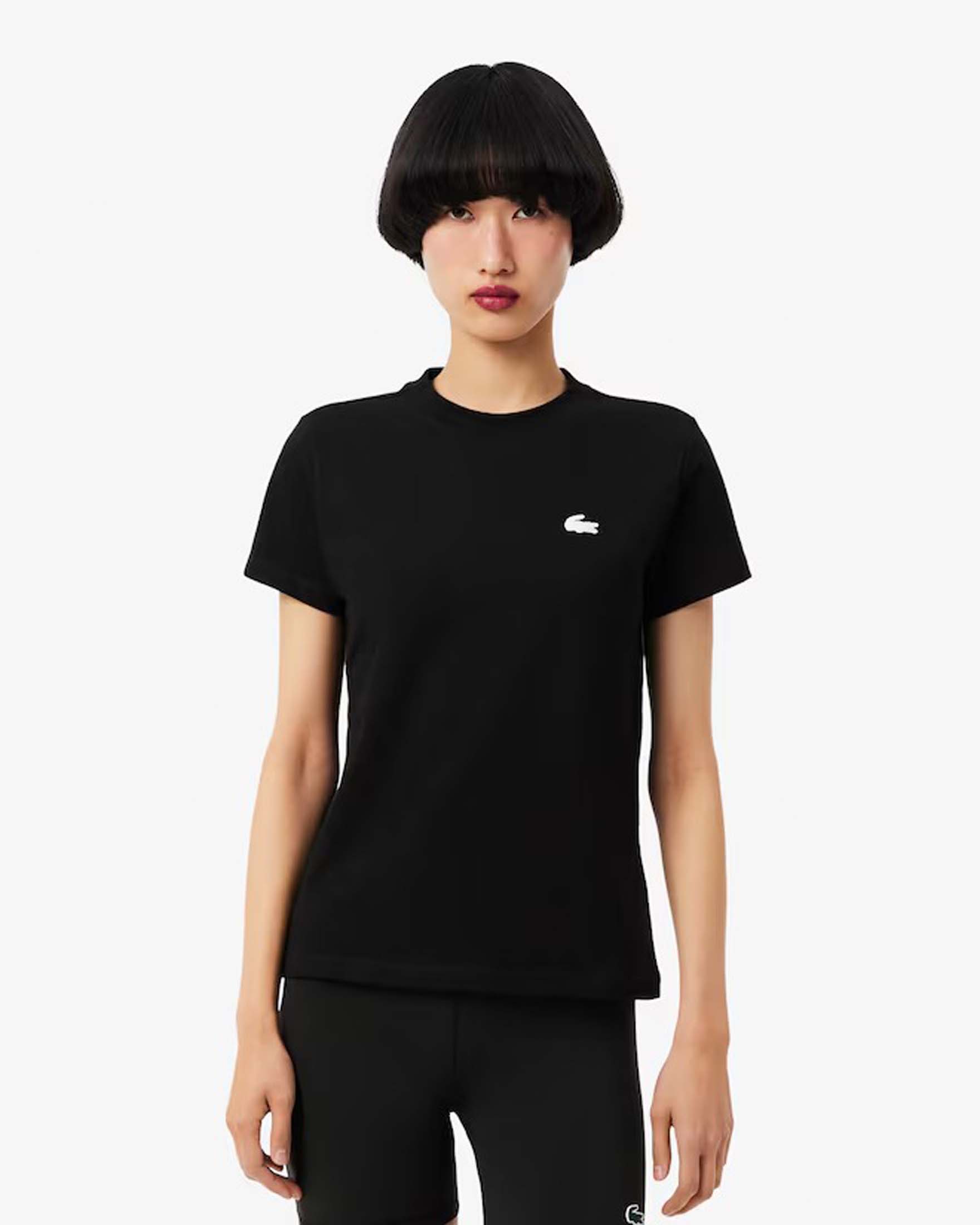 T-shirt nera Lacoste in cotone stretch con scollo tondo e logo bianco gommato cucito sul petto