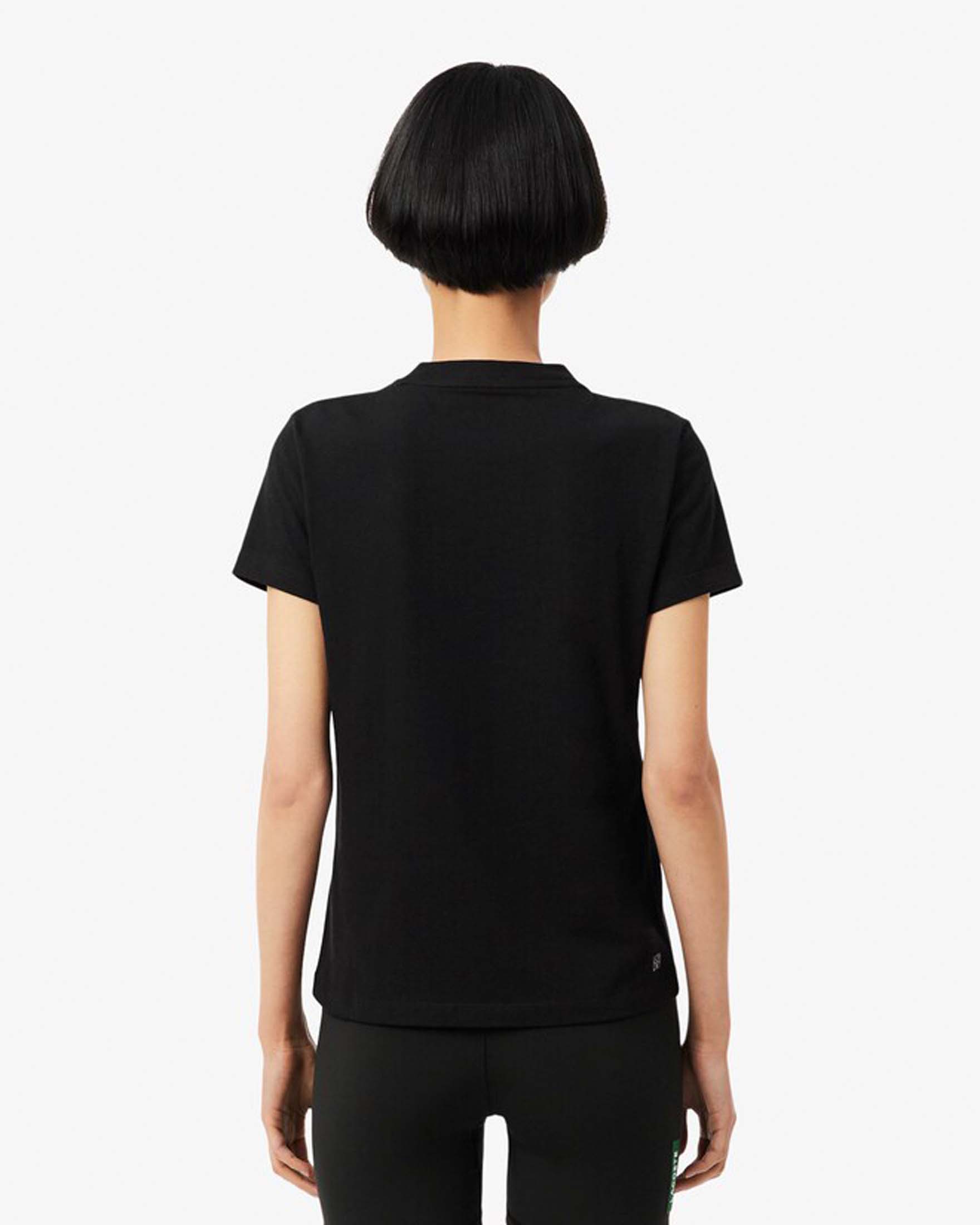T-shirt nera Lacoste in cotone stretch con scollo tondo e logo bianco gommato cucito sul petto