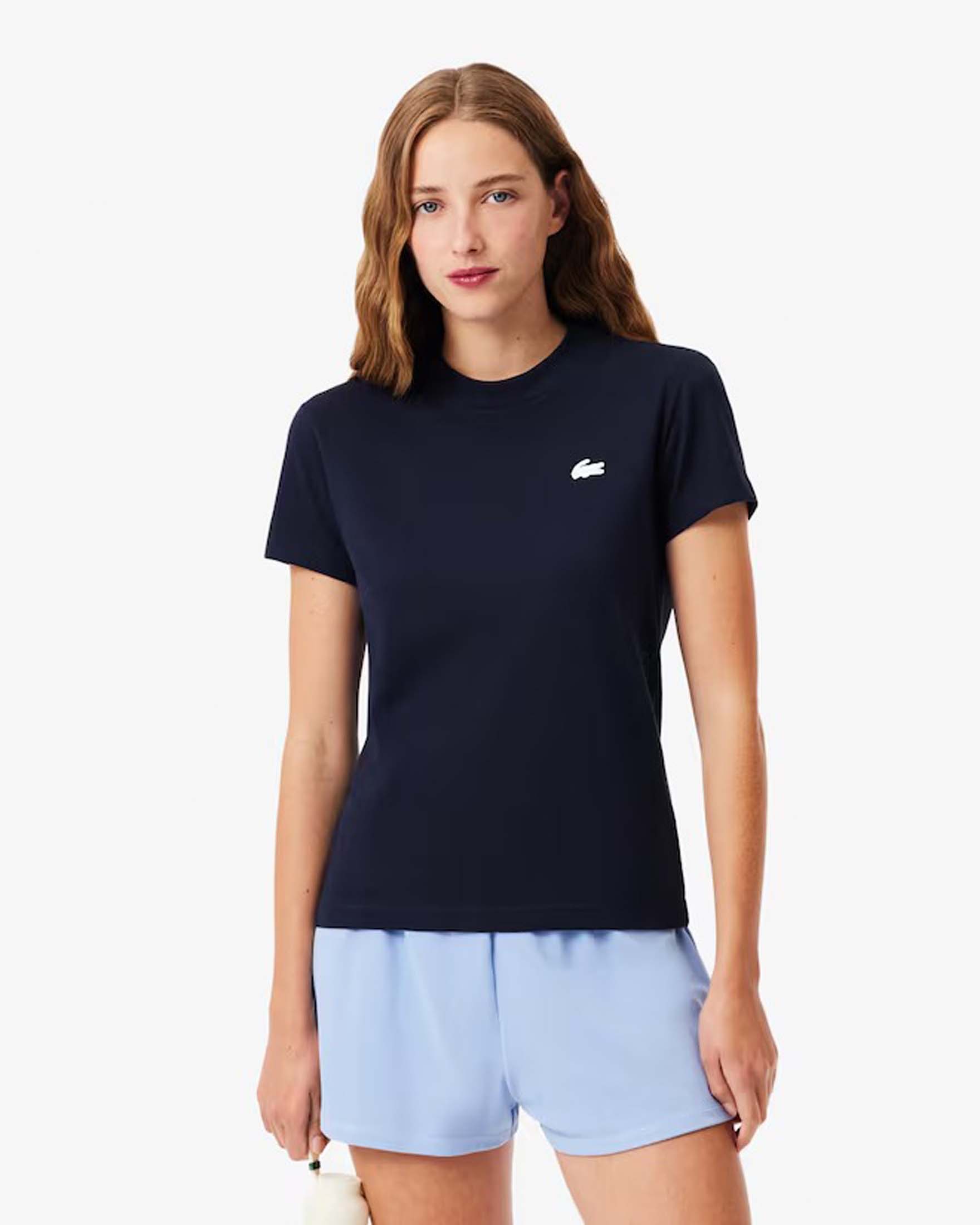 T-shirt blu Lacoste in cotone stretch con scollo tondo e logo bianco gommato cucito sul petto