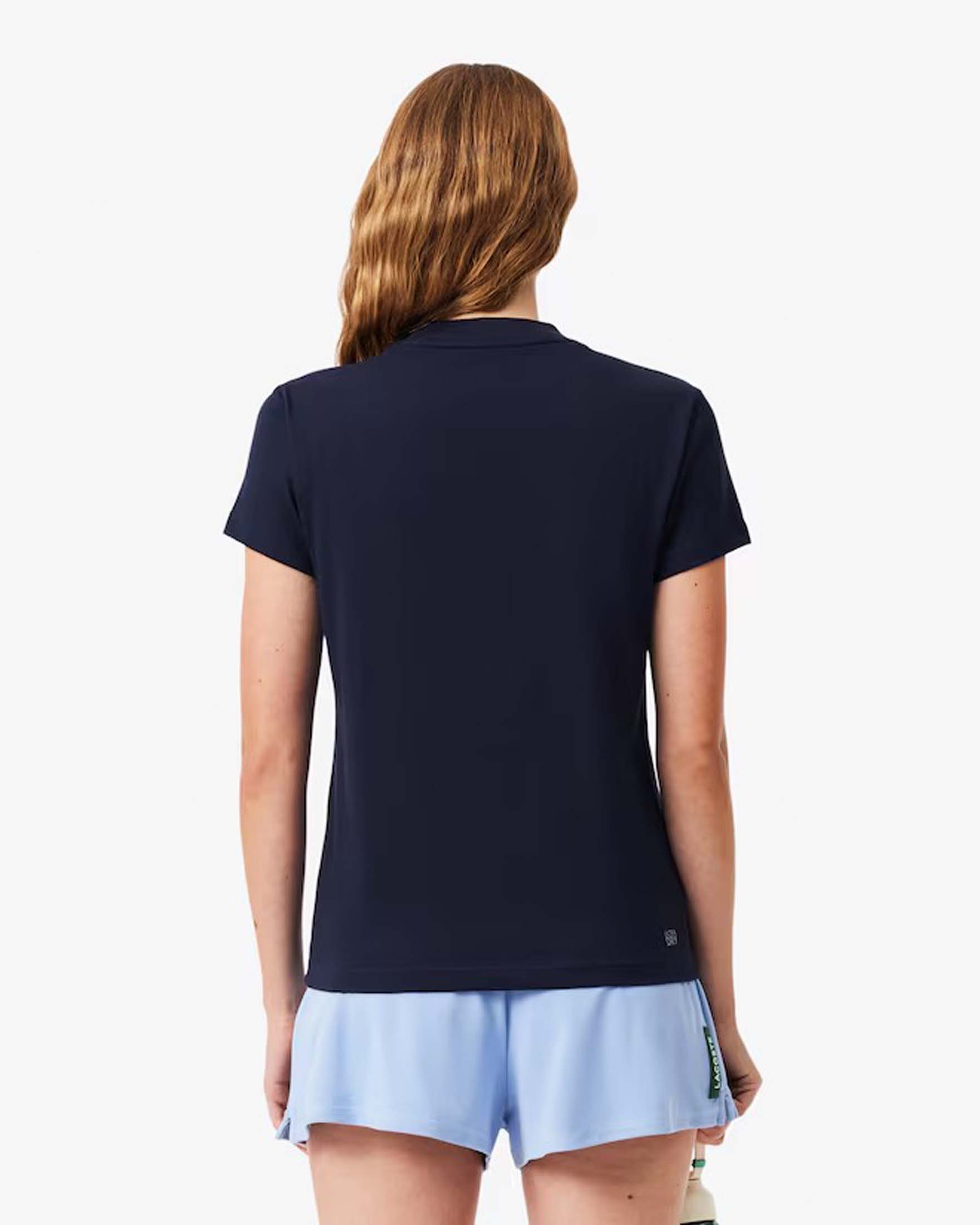 T-shirt blu Lacoste in cotone stretch con scollo tondo e logo bianco gommato cucito sul petto
